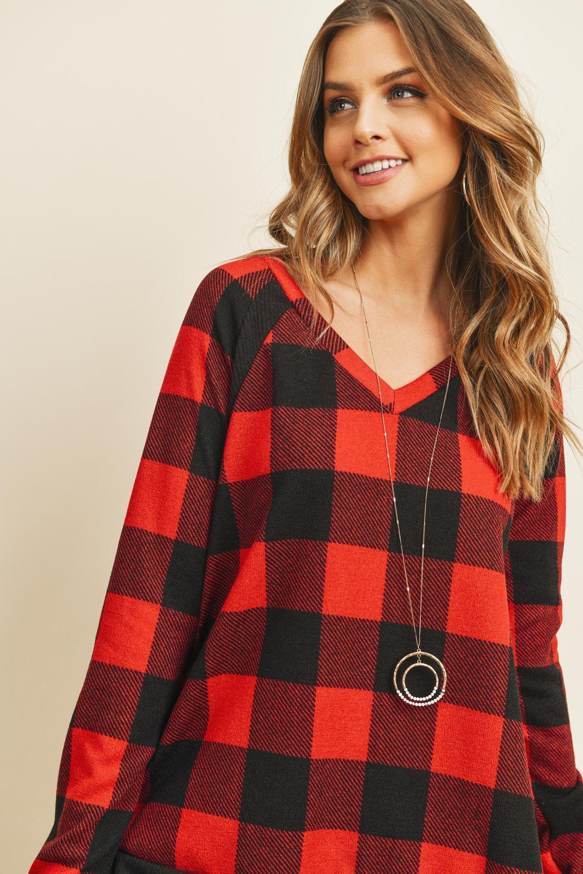 Checker Plaid V-Neck Long Sleeve Top
