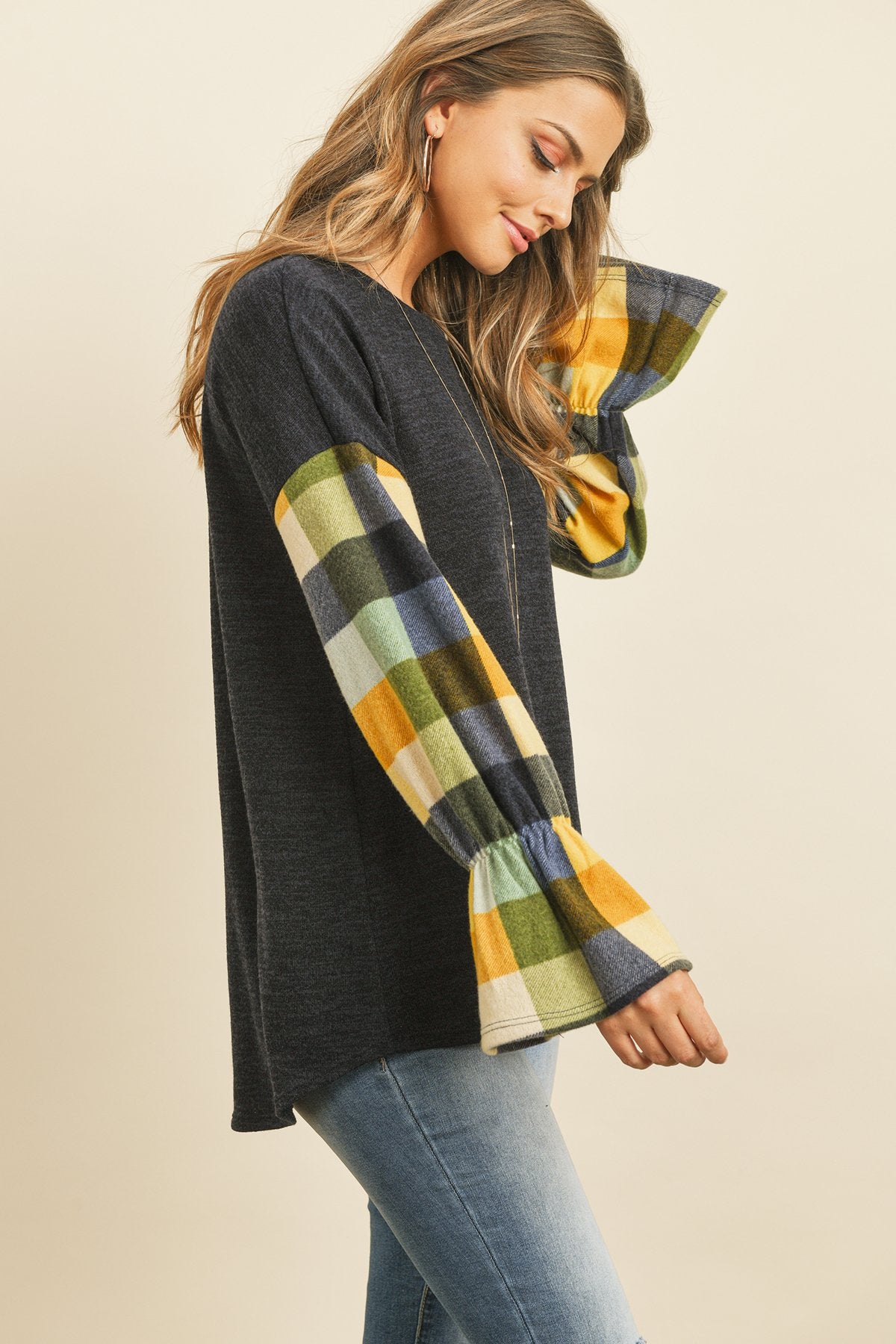 Plaid Bell Sleeves Mier Sweater