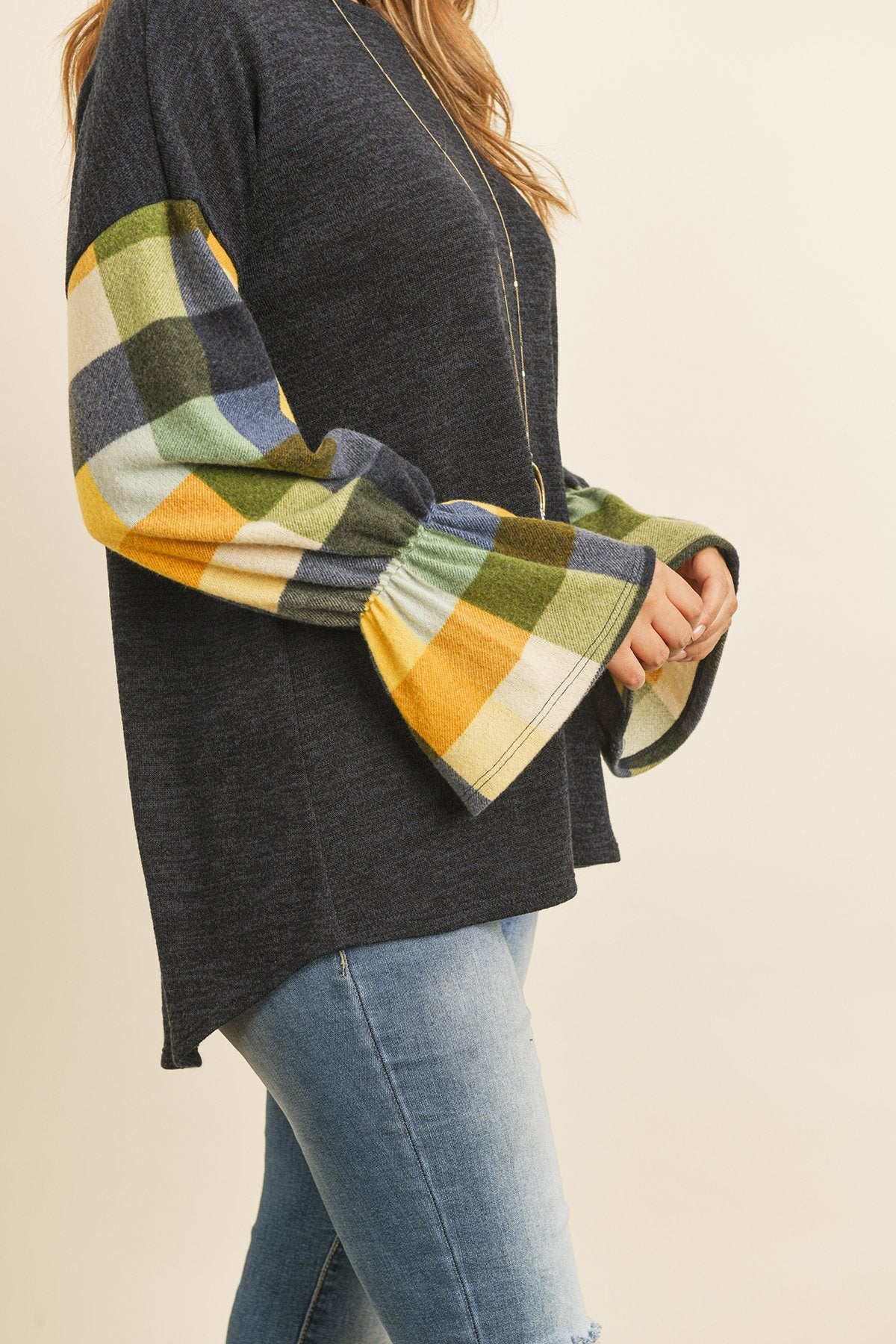 Plaid Bell Sleeves Mier Sweater