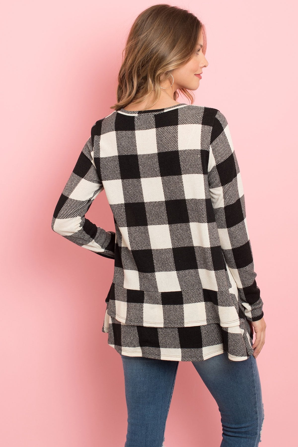 Plaid Long Sleeves Layered Ruffle Hem Top
