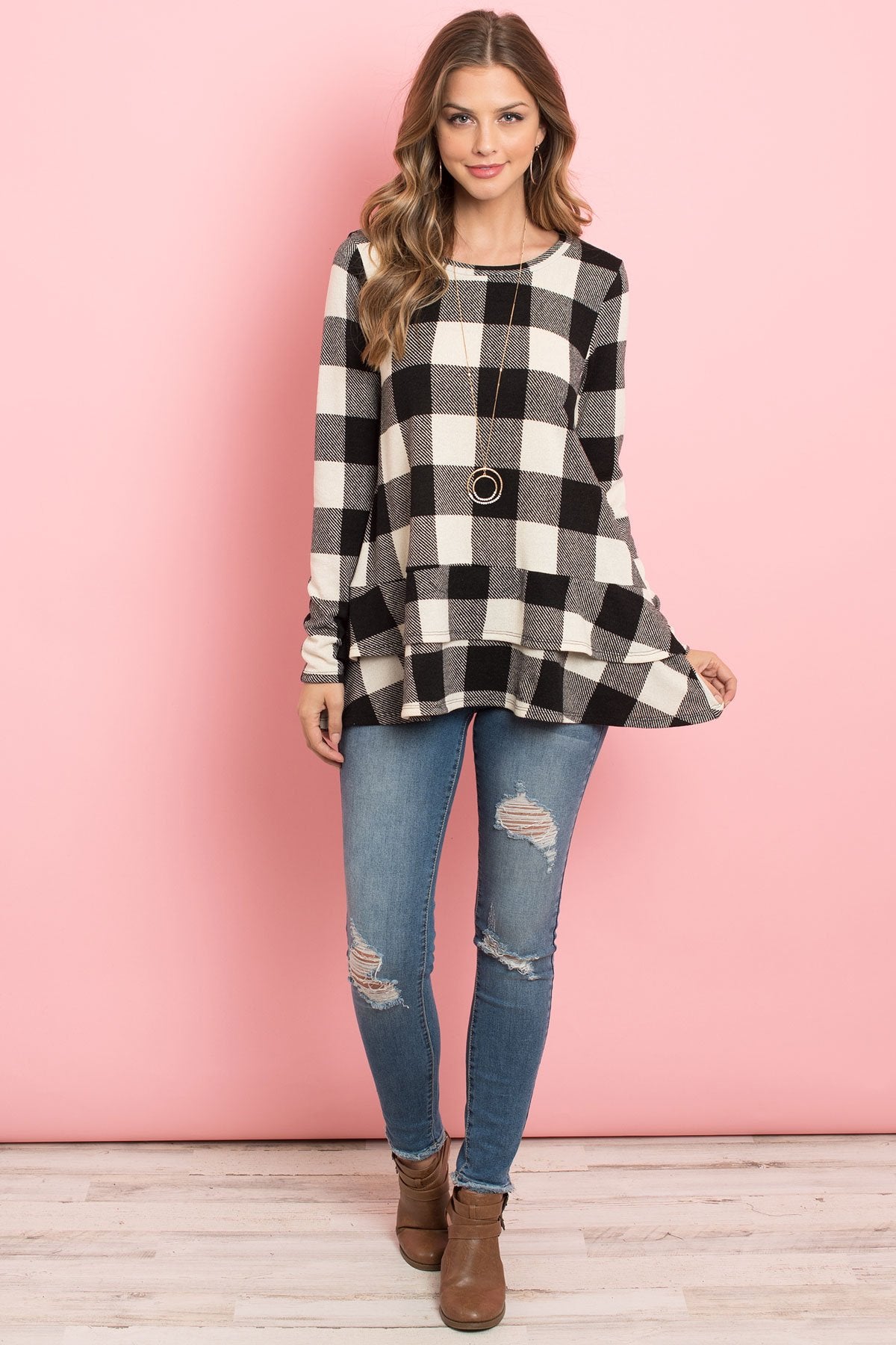 Plaid Long Sleeves Layered Ruffle Hem Top