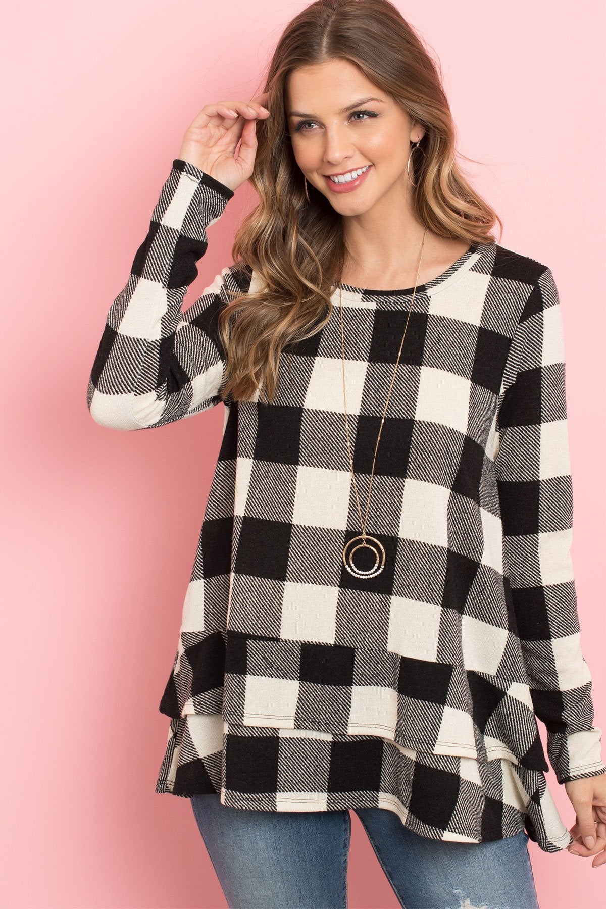 Plaid Long Sleeves Layered Ruffle Hem Top