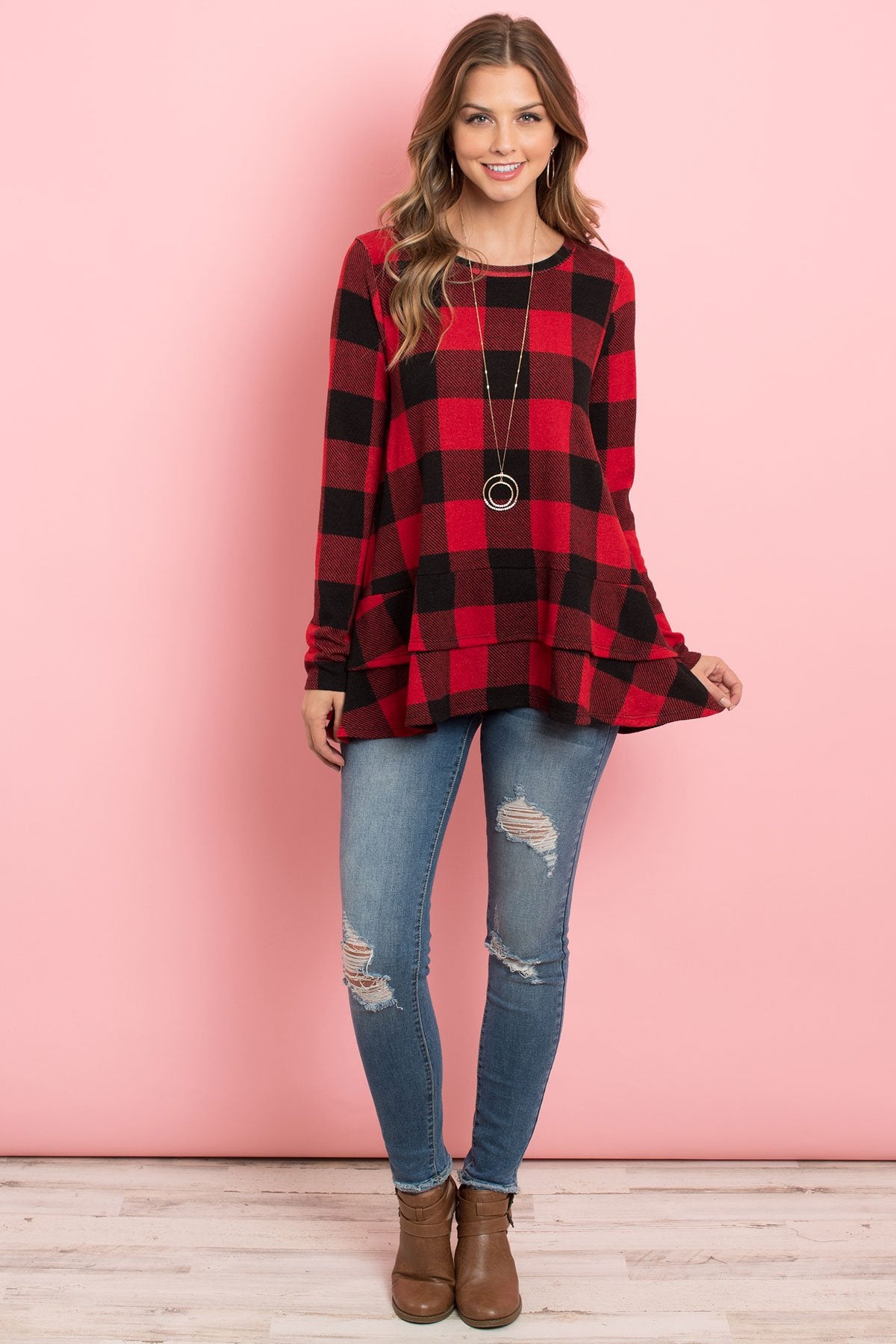 Plaid Long Sleeves Layered Ruffle Hem Top
