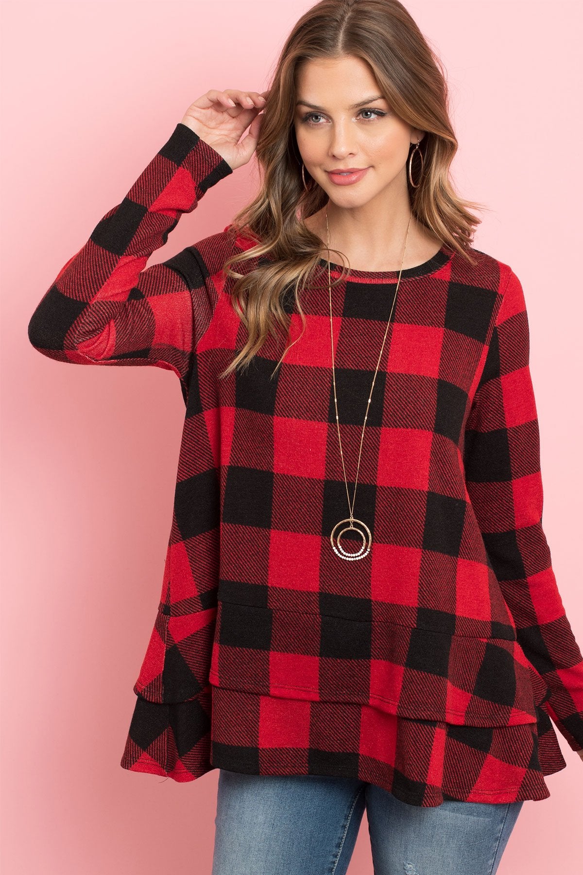 Plaid Long Sleeves Layered Ruffle Hem Top