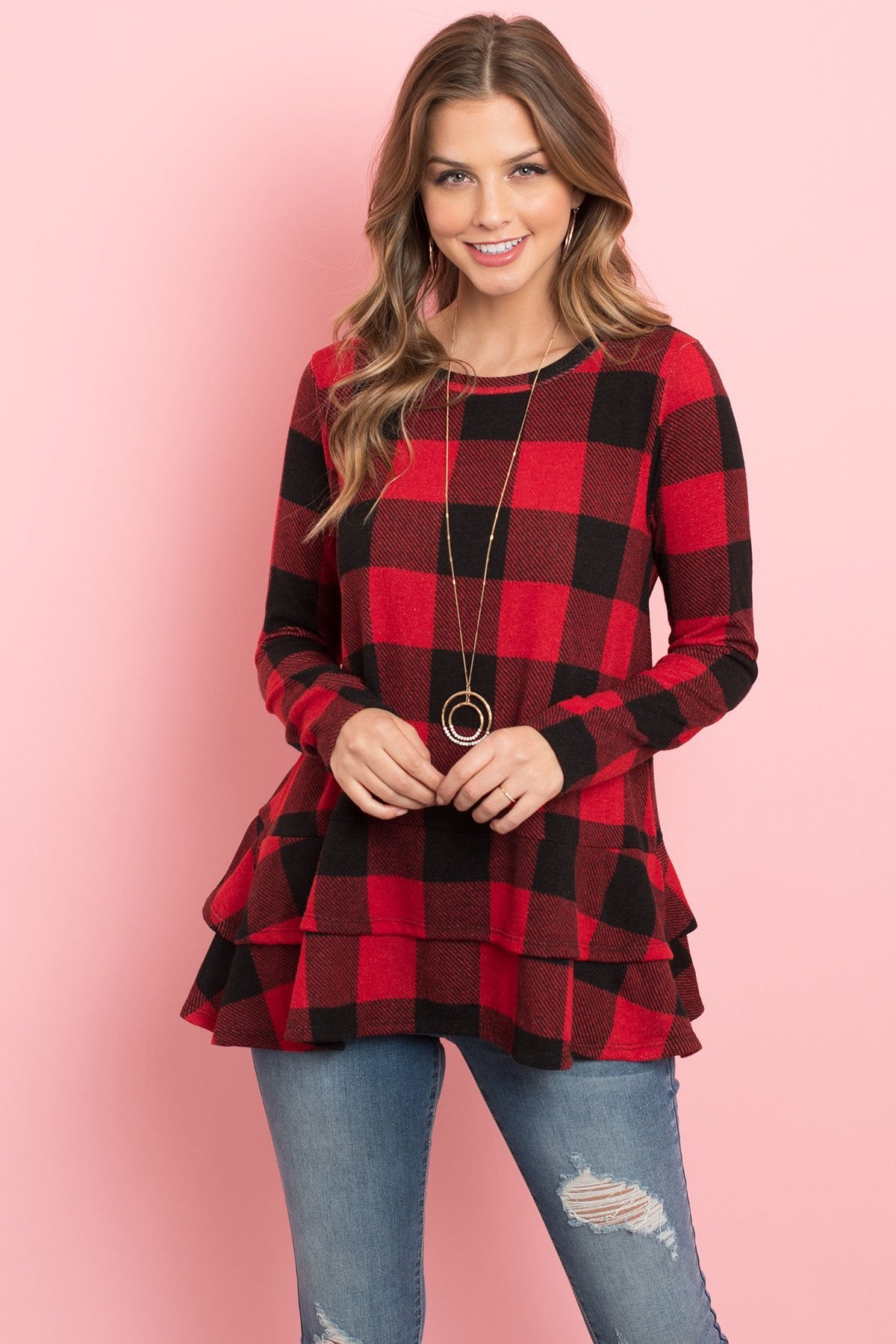 Plaid Long Sleeves Layered Ruffle Hem Top