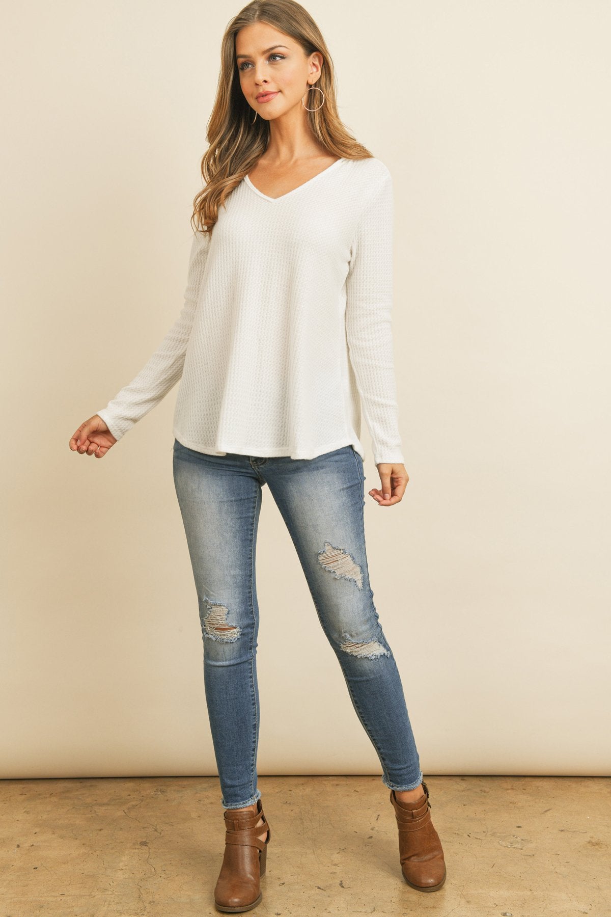 V-Neck Long Sleeved Waffle Top