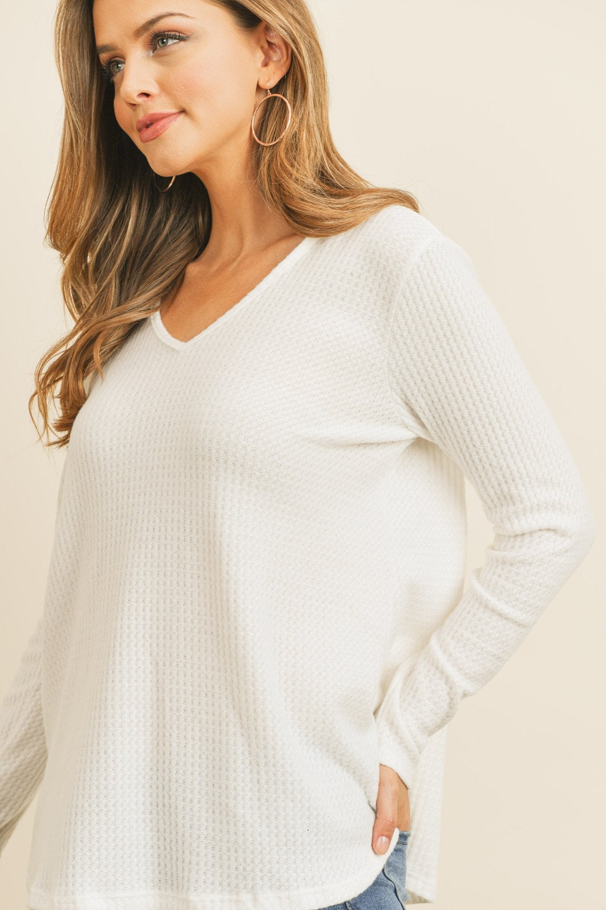 V-Neck Long Sleeved Waffle Top
