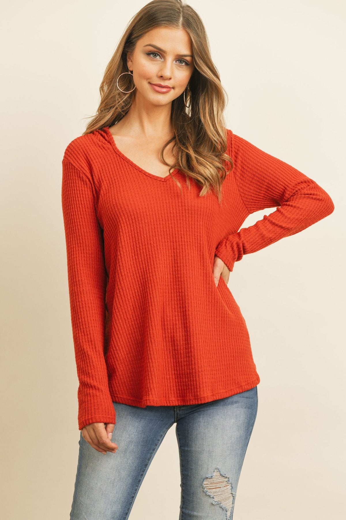 V-Neck Long Sleeved Waffle Top