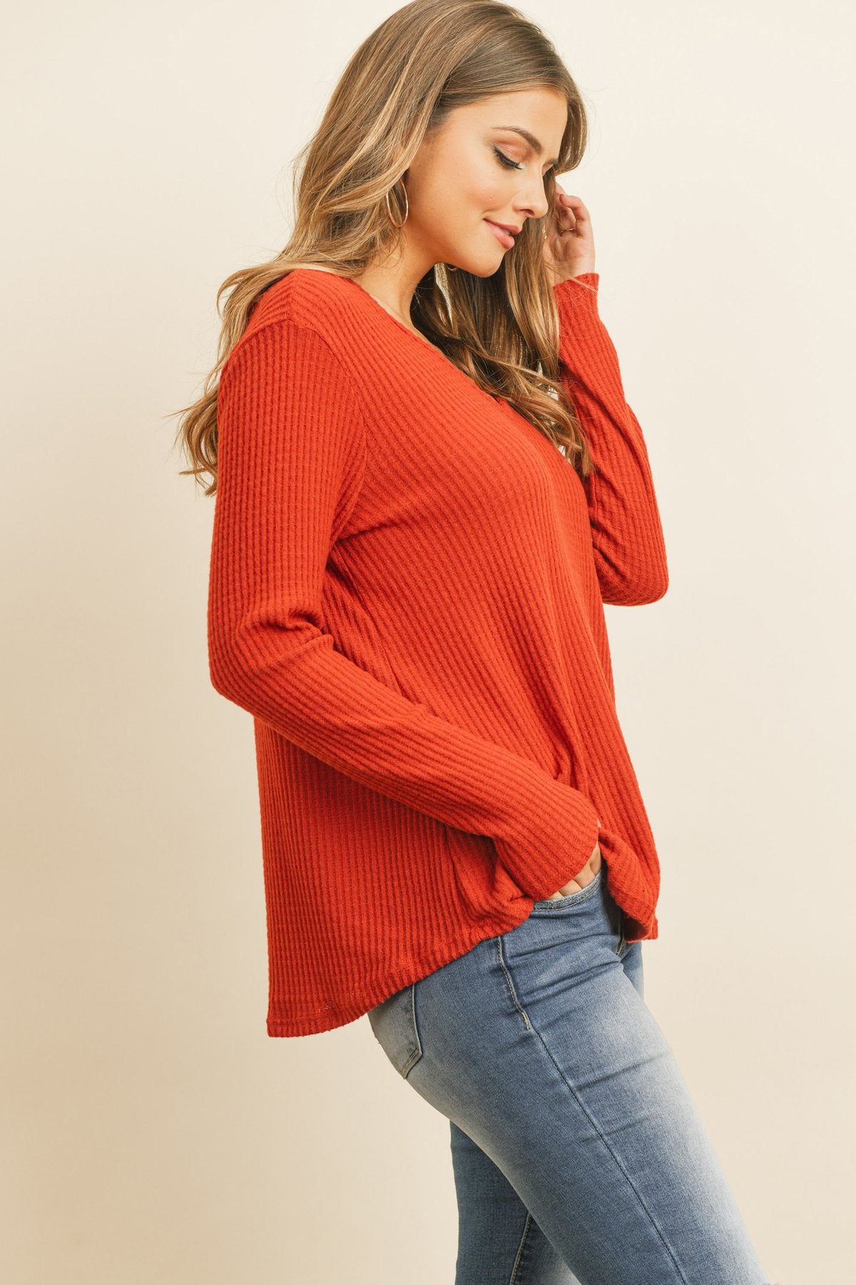 V-Neck Long Sleeved Waffle Top