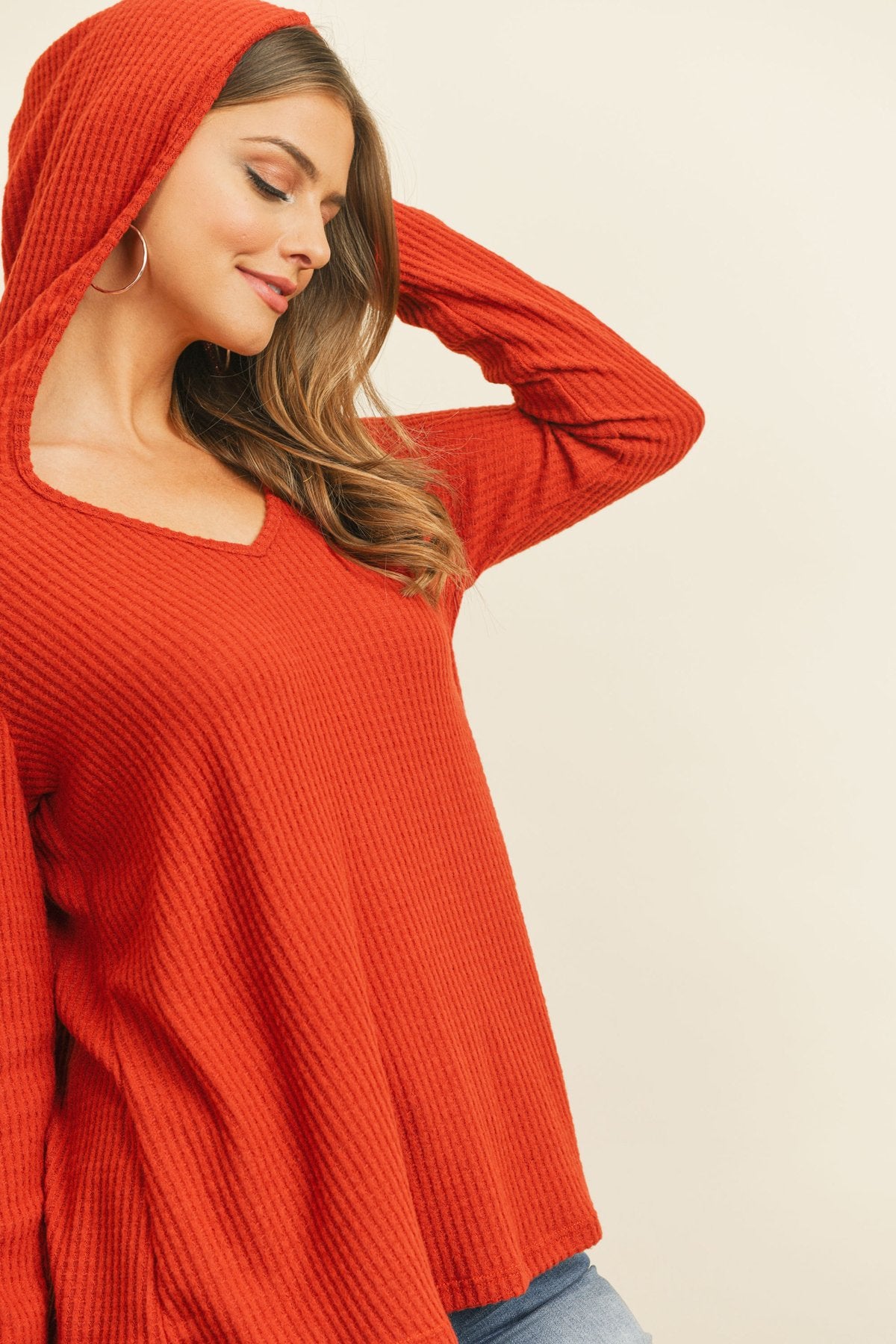 V-Neck Long Sleeved Waffle Top