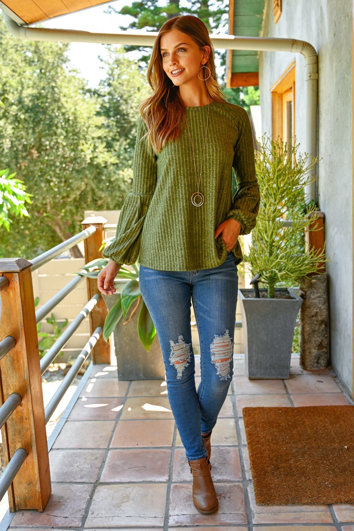 Tiered Puff Sleeved Brushed Rib Top