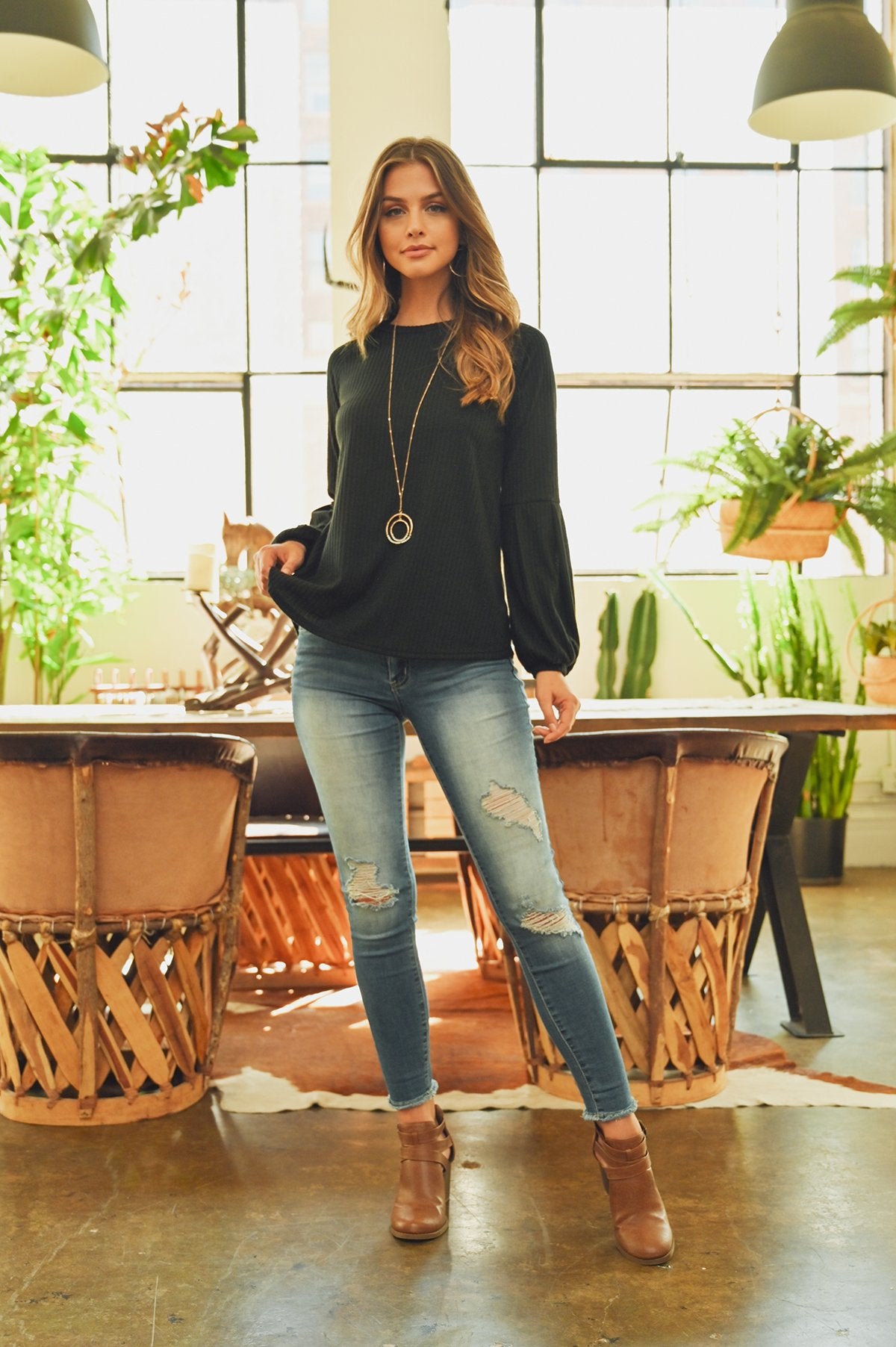 Tiered Puff Sleeved Brushed Rib Top