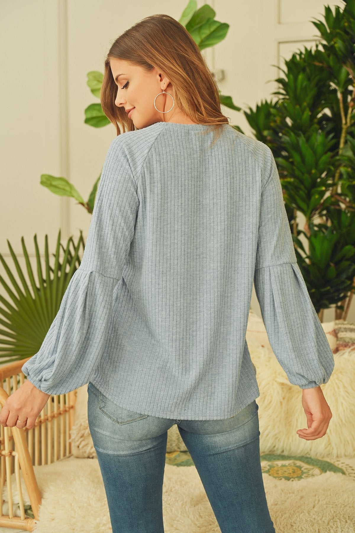 Tiered Puff Sleeved Brushed Rib Top