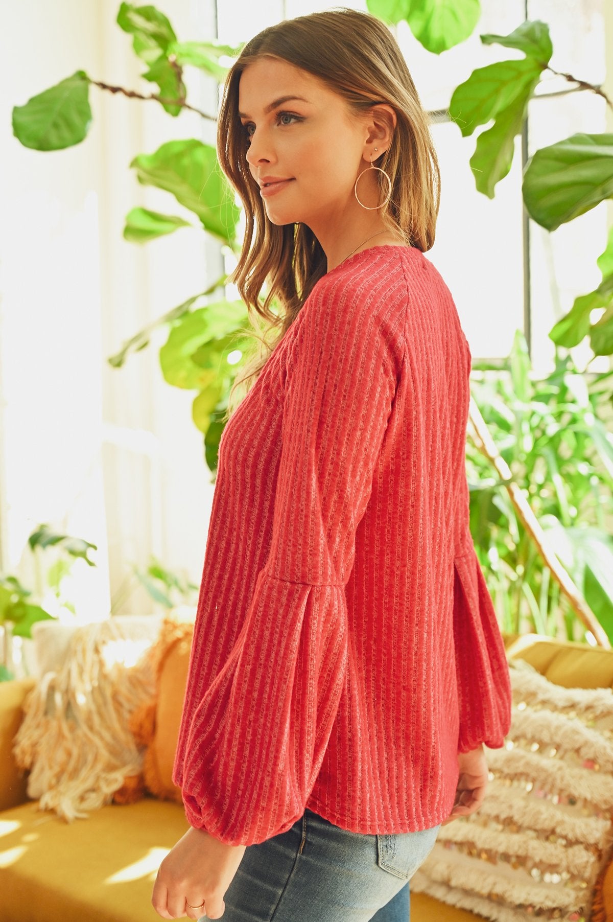 Tiered Puff Sleeved Brushed Rib Top