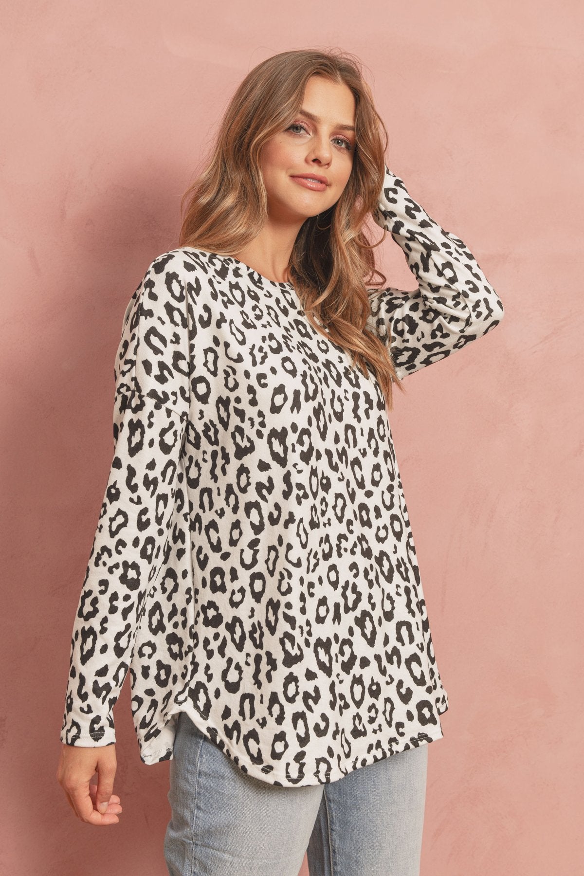 Long Sleeve Animal Print Rounded Hem Top