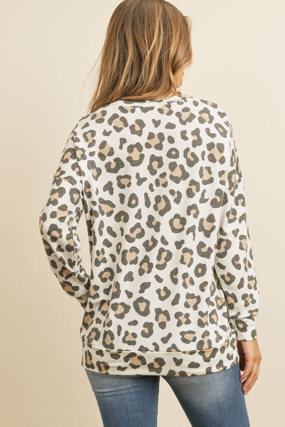 Kangaroo Pocket Long Sleeve Leopard Top