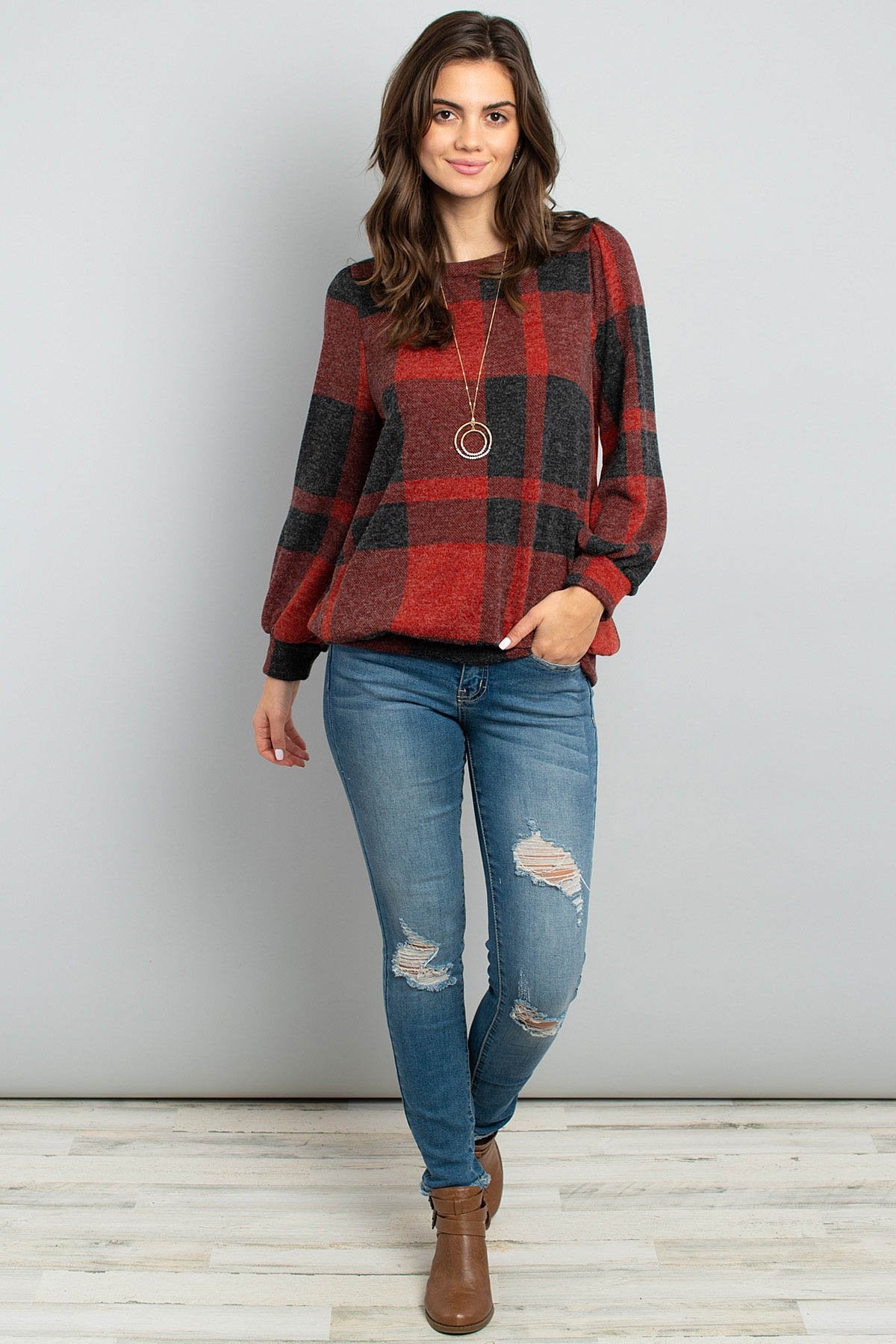 Plaid Round Neck Long Sleeve Top