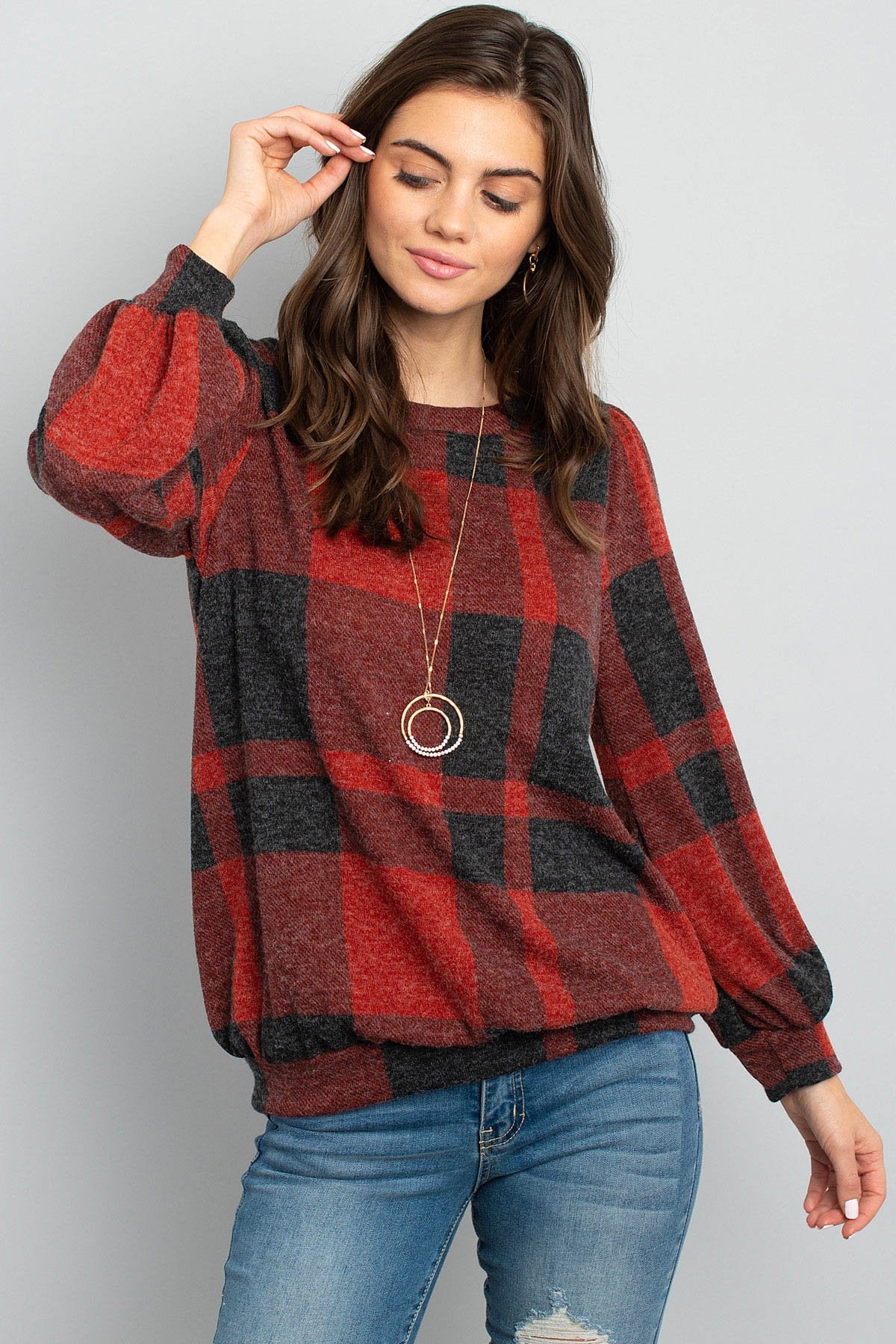 Plaid Round Neck Long Sleeve Top
