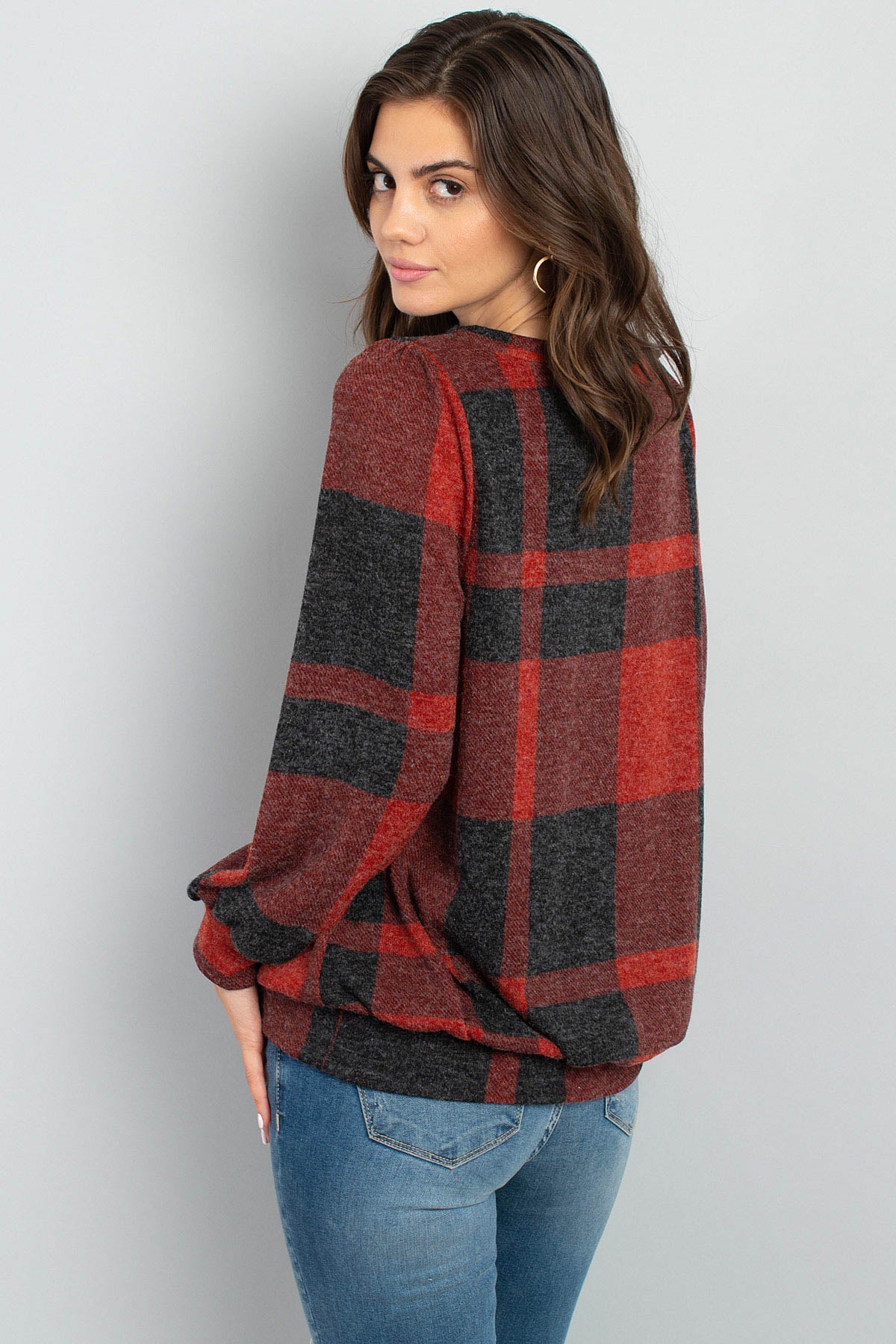 Plaid Round Neck Long Sleeve Top