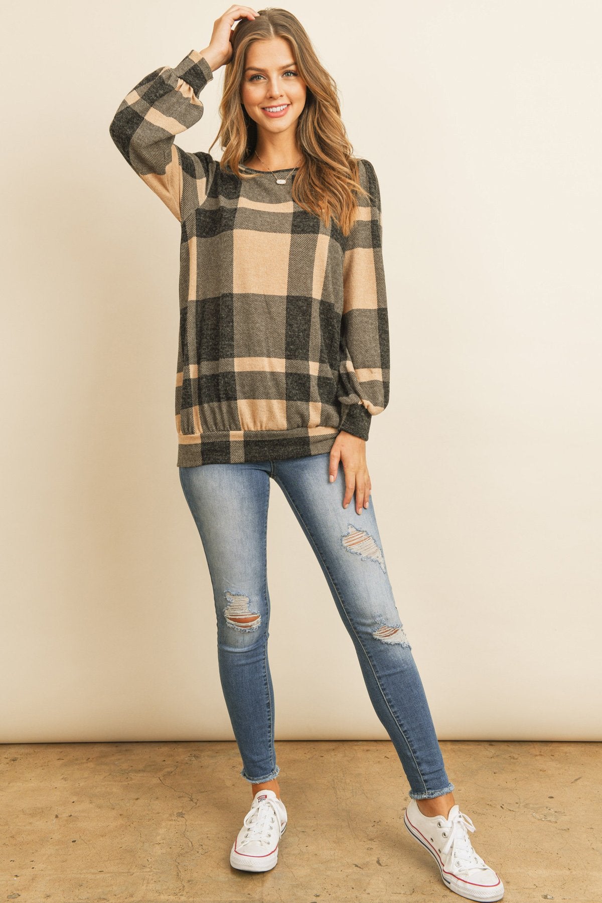 Plaid Round Neck Long Sleeve Top