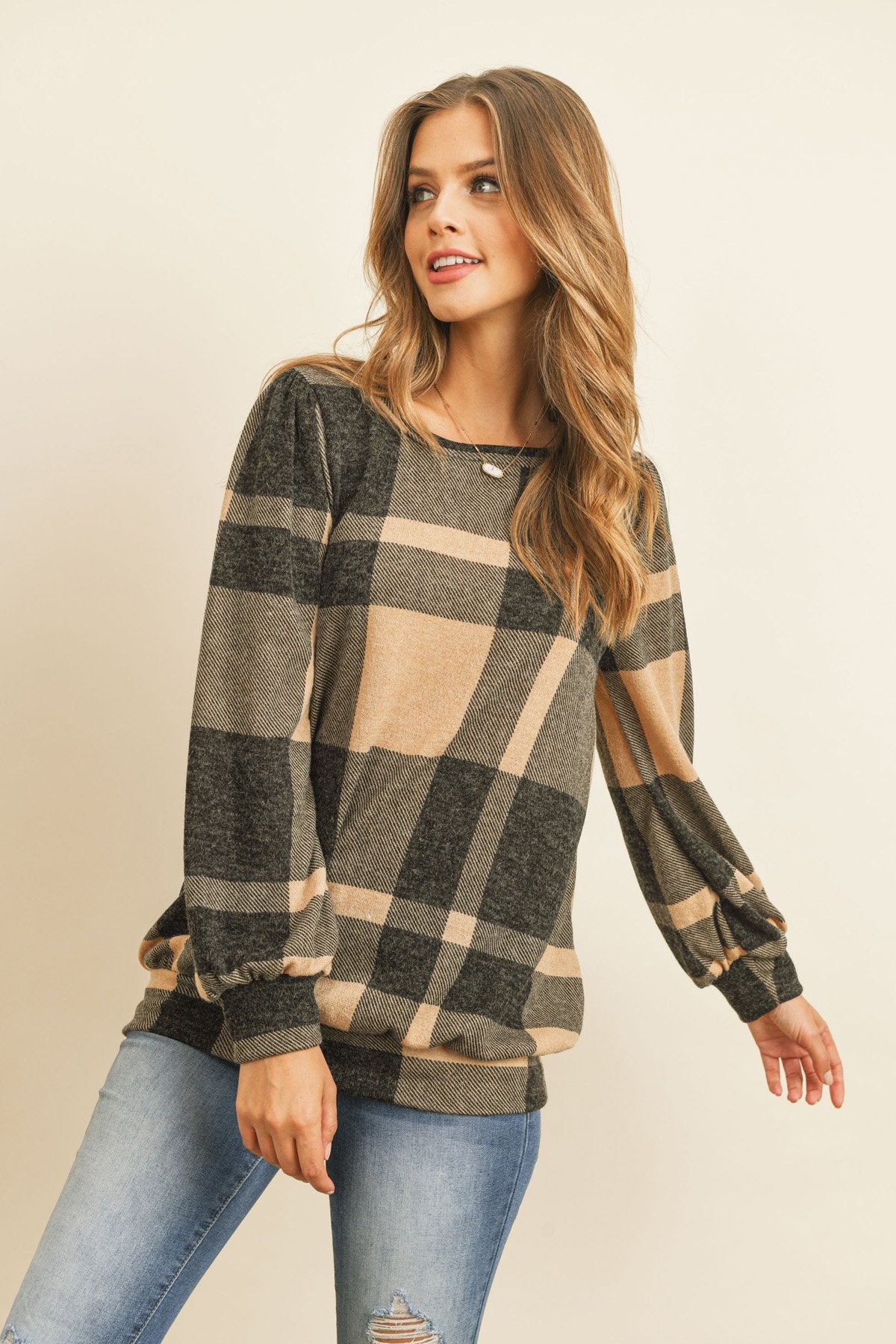 Plaid Round Neck Long Sleeve Top
