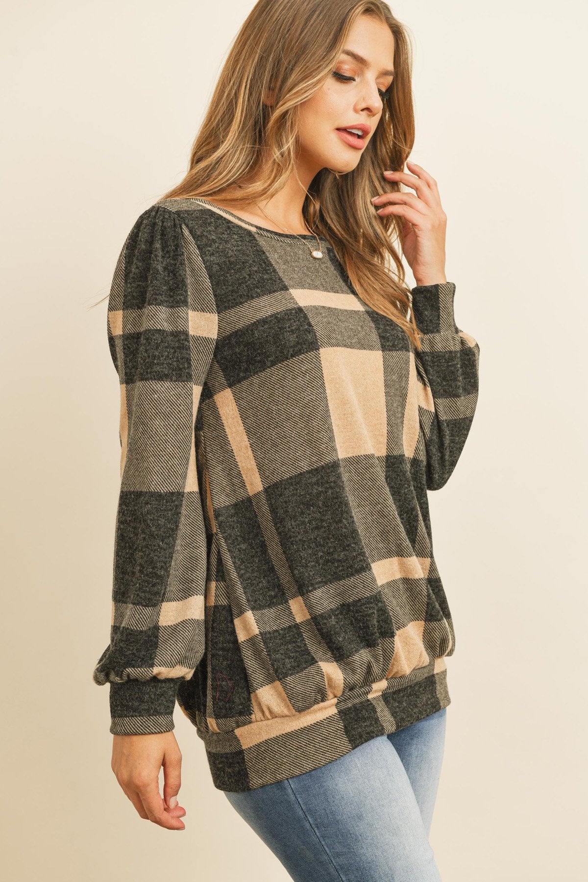 Plaid Round Neck Long Sleeve Top