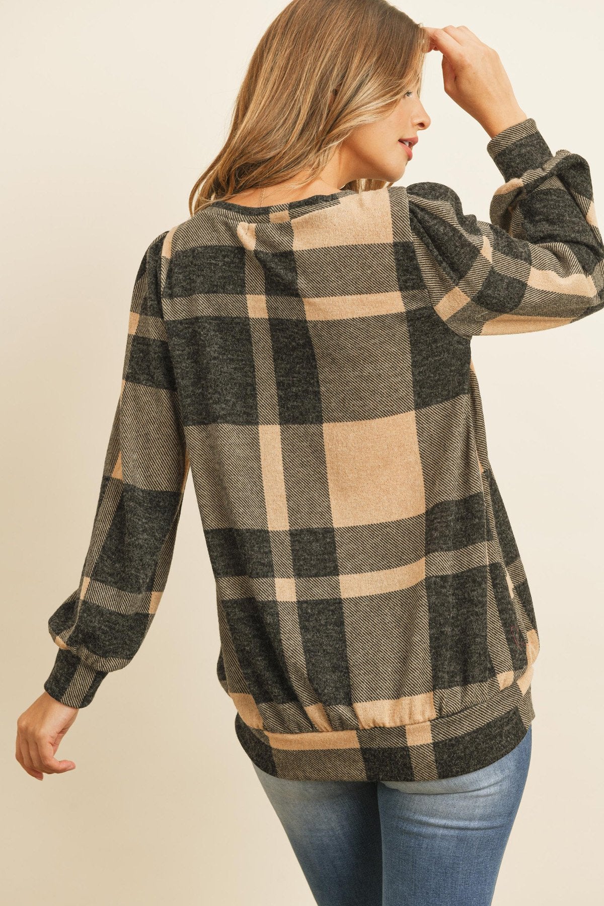Plaid Round Neck Long Sleeve Top
