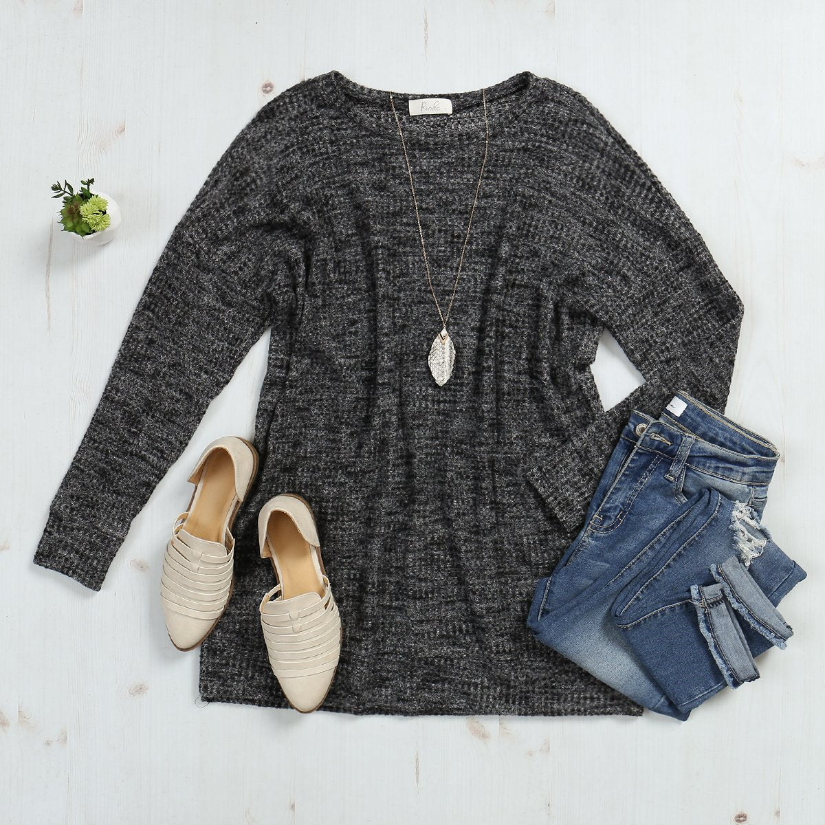 Two Toned Side Slit Waffle Brushed Long Sleeved Top