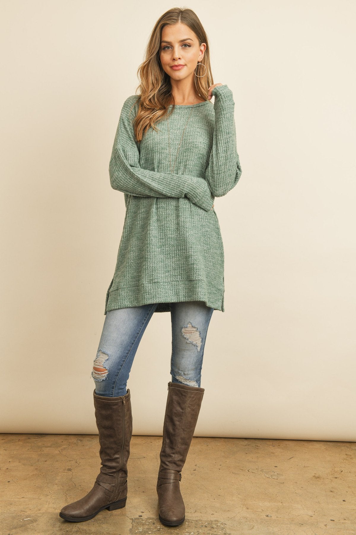 Two Toned Side Slit Waffle Brushed Long Sleeved Top