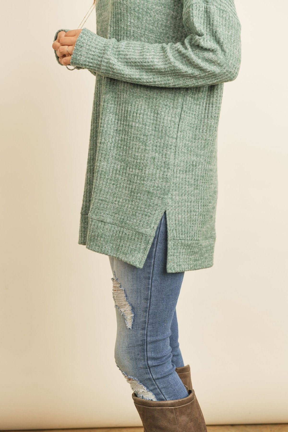 Two Toned Side Slit Waffle Brushed Long Sleeved Top