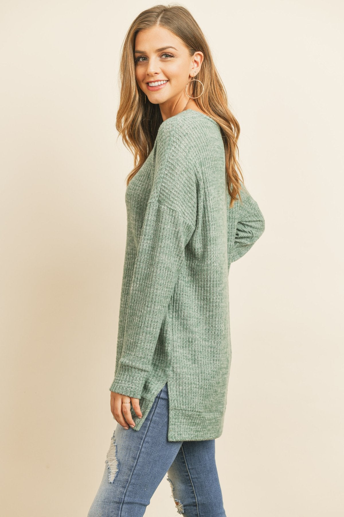 Two Toned Side Slit Waffle Brushed Long Sleeved Top