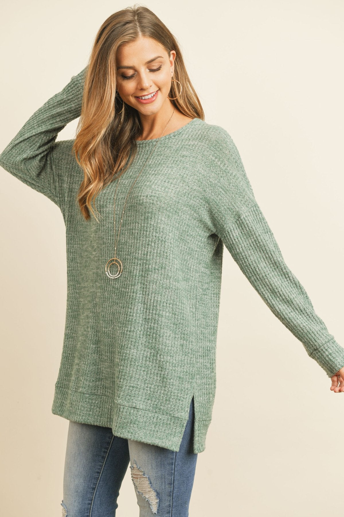 Two Toned Side Slit Waffle Brushed Long Sleeved Top