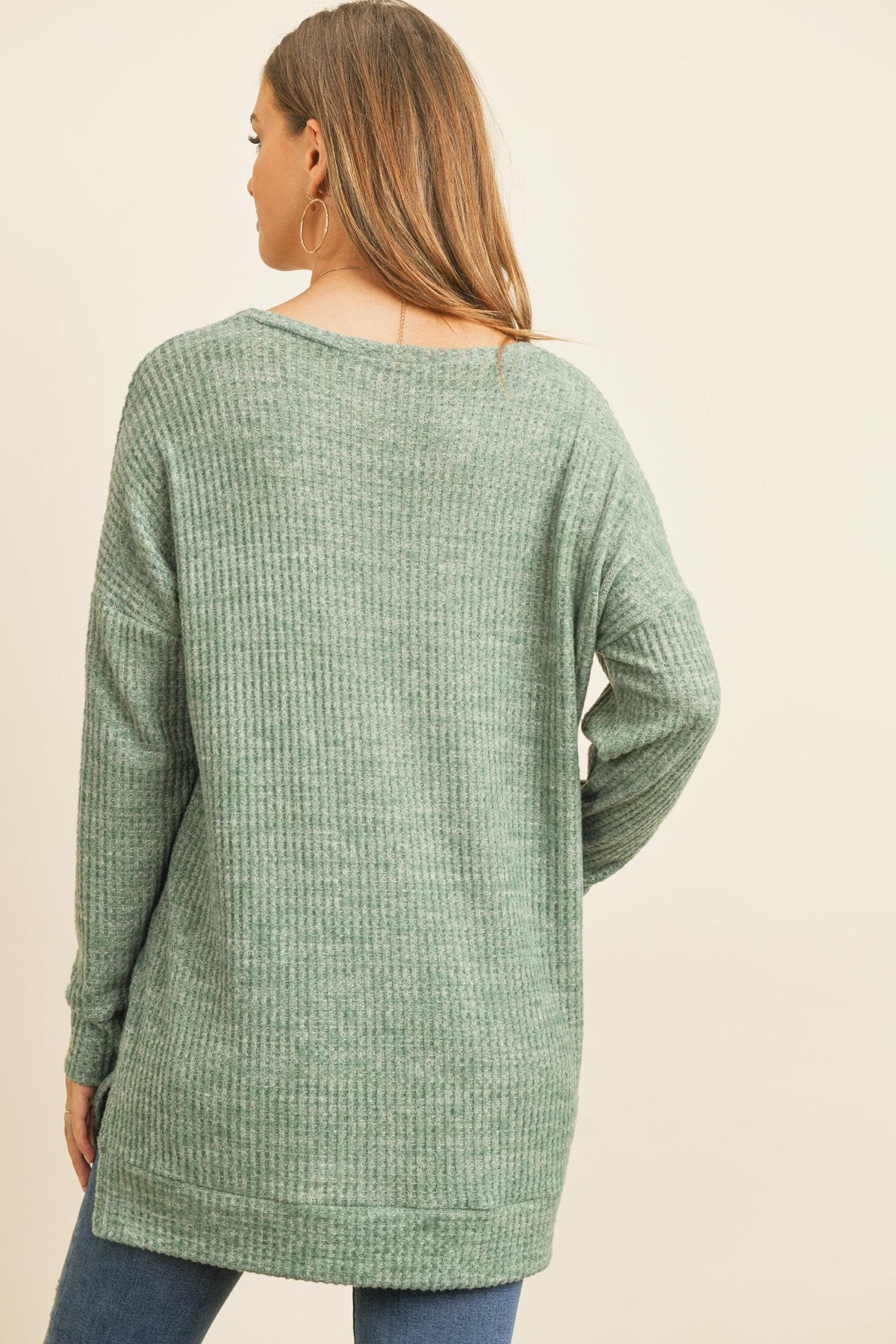 Two Toned Side Slit Waffle Brushed Long Sleeved Top