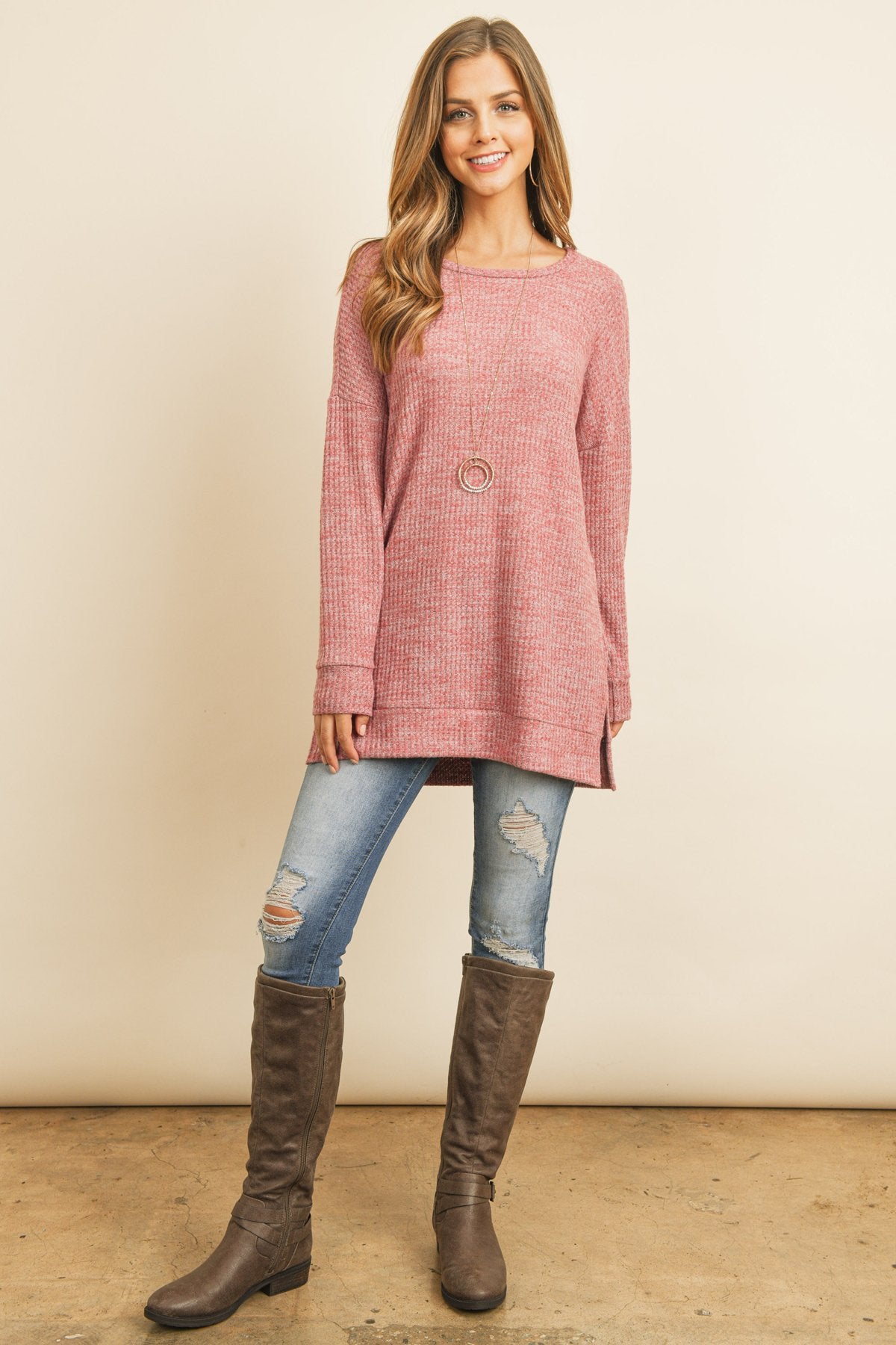 Two Toned Side Slit Waffle Brushed Long Sleeved Top