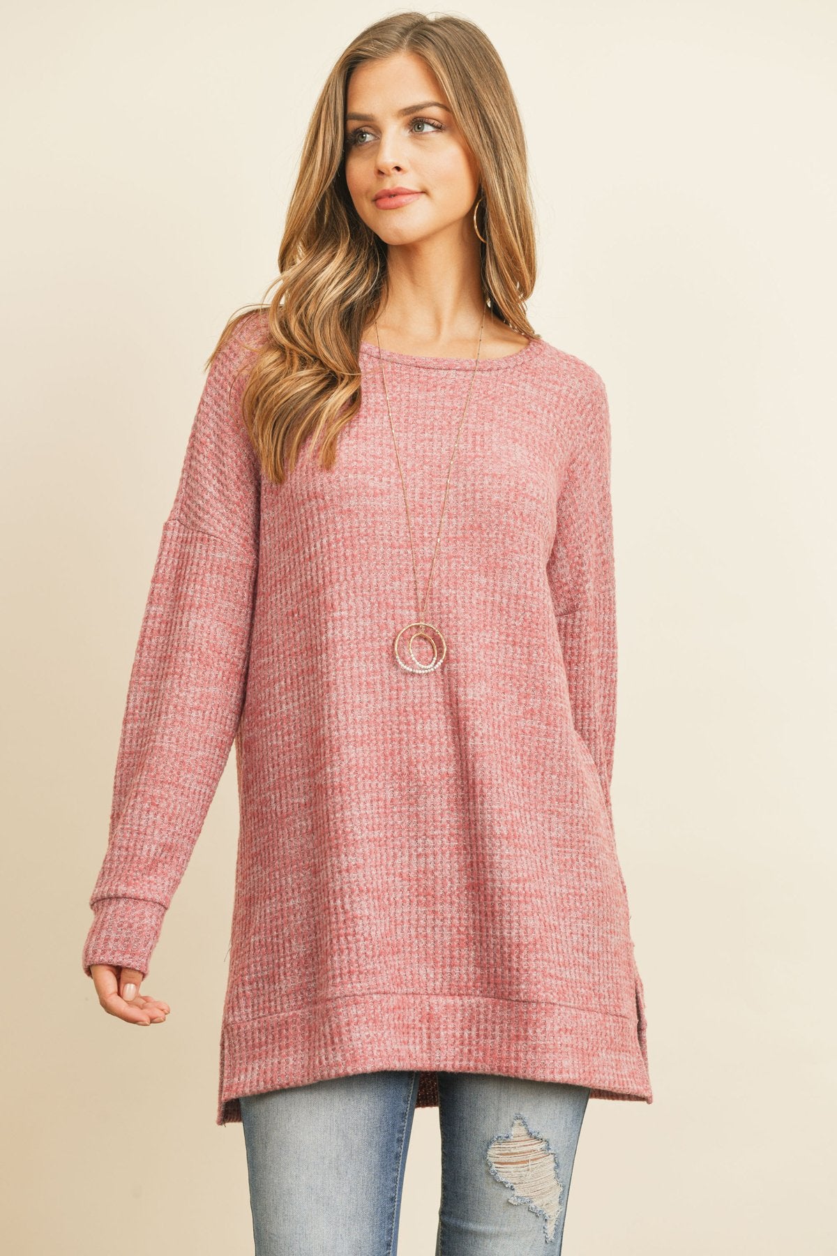 Two Toned Side Slit Waffle Brushed Long Sleeved Top
