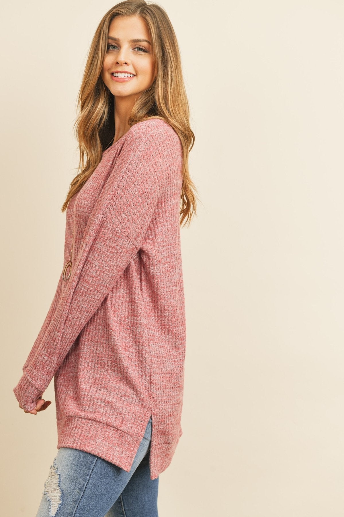 Two Toned Side Slit Waffle Brushed Long Sleeved Top