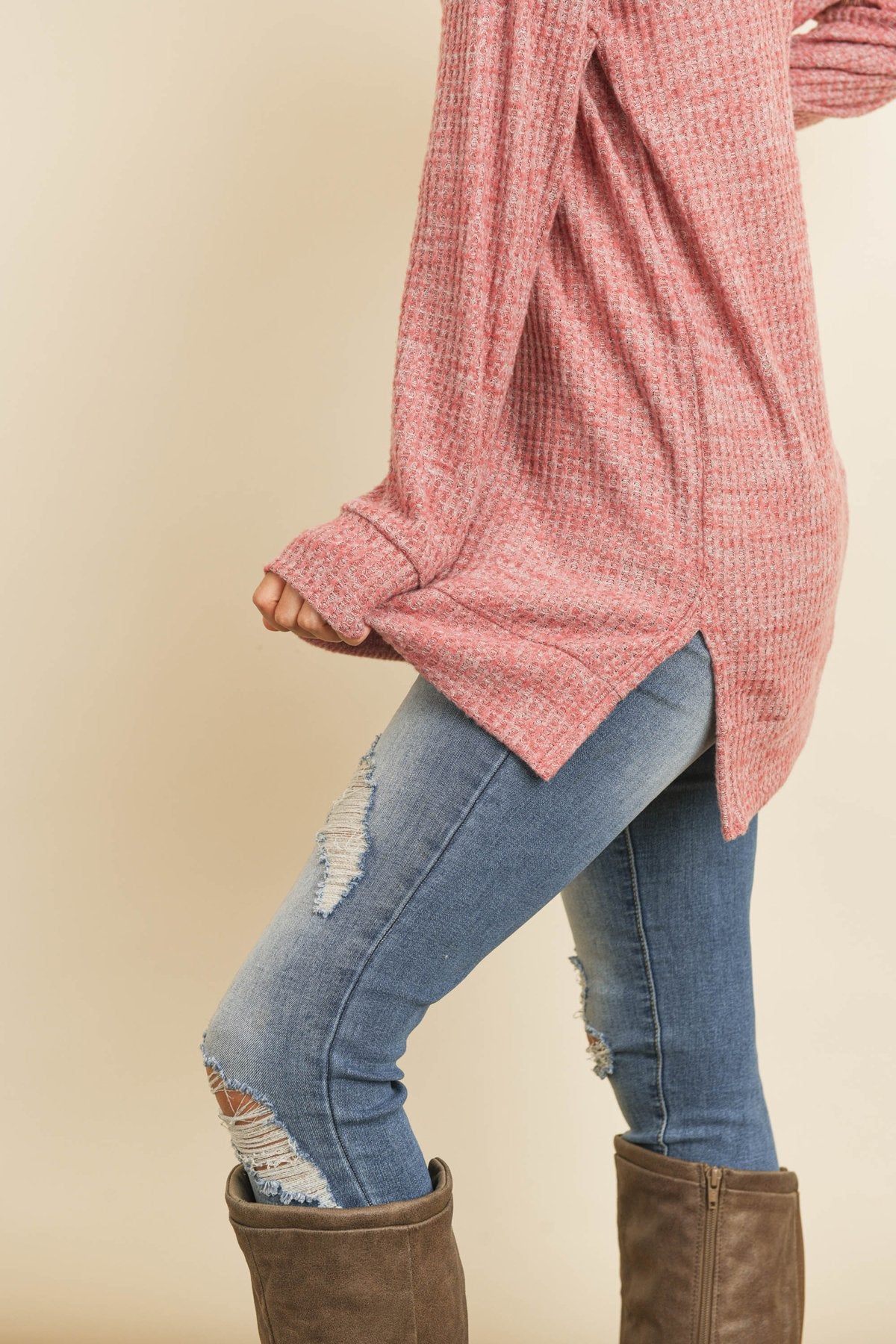 Two Toned Side Slit Waffle Brushed Long Sleeved Top