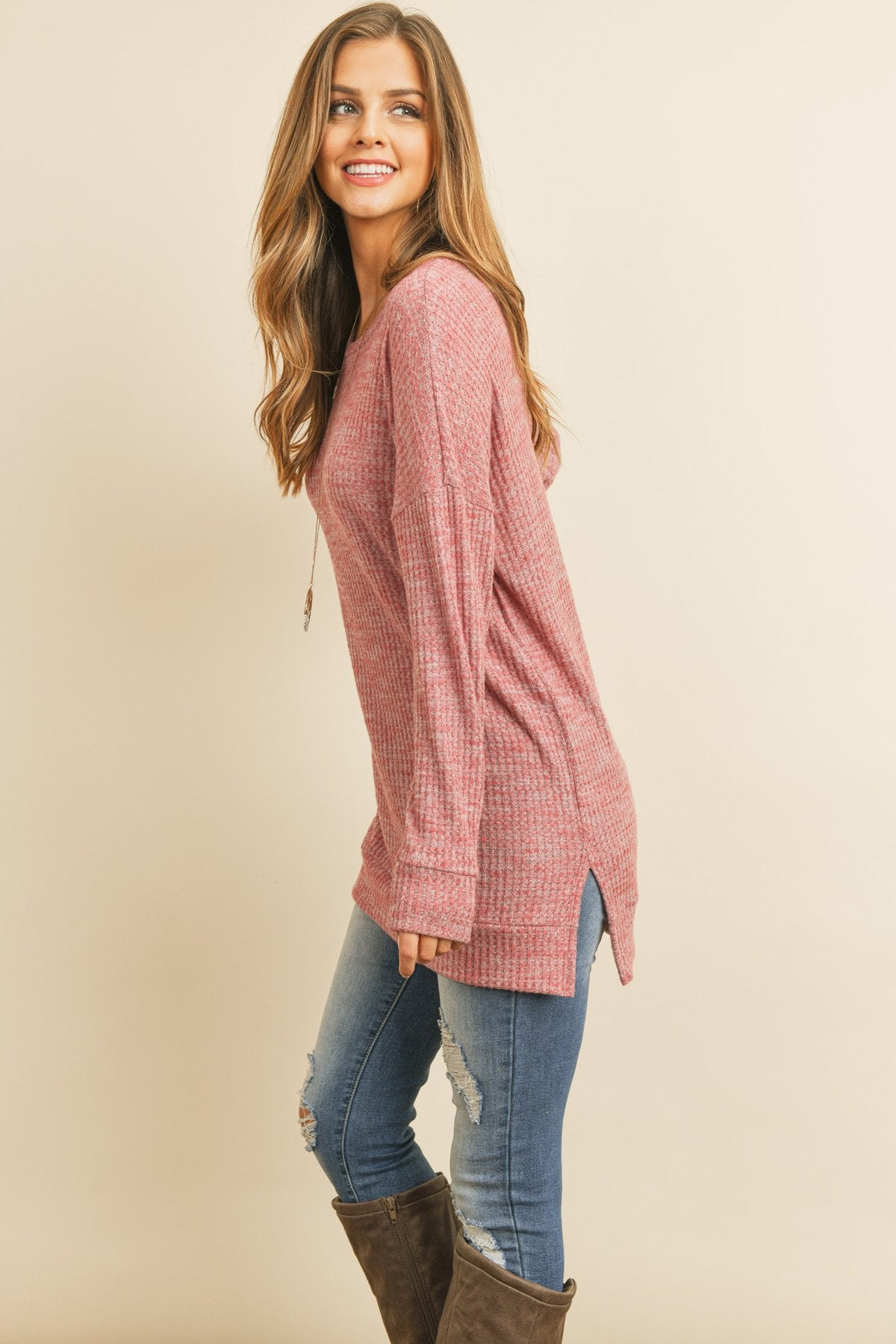 Two Toned Side Slit Waffle Brushed Long Sleeved Top