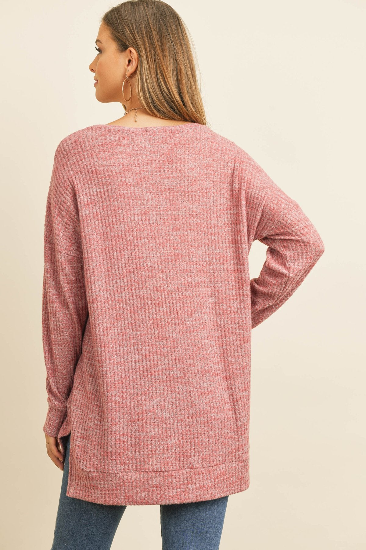 Two Toned Side Slit Waffle Brushed Long Sleeved Top