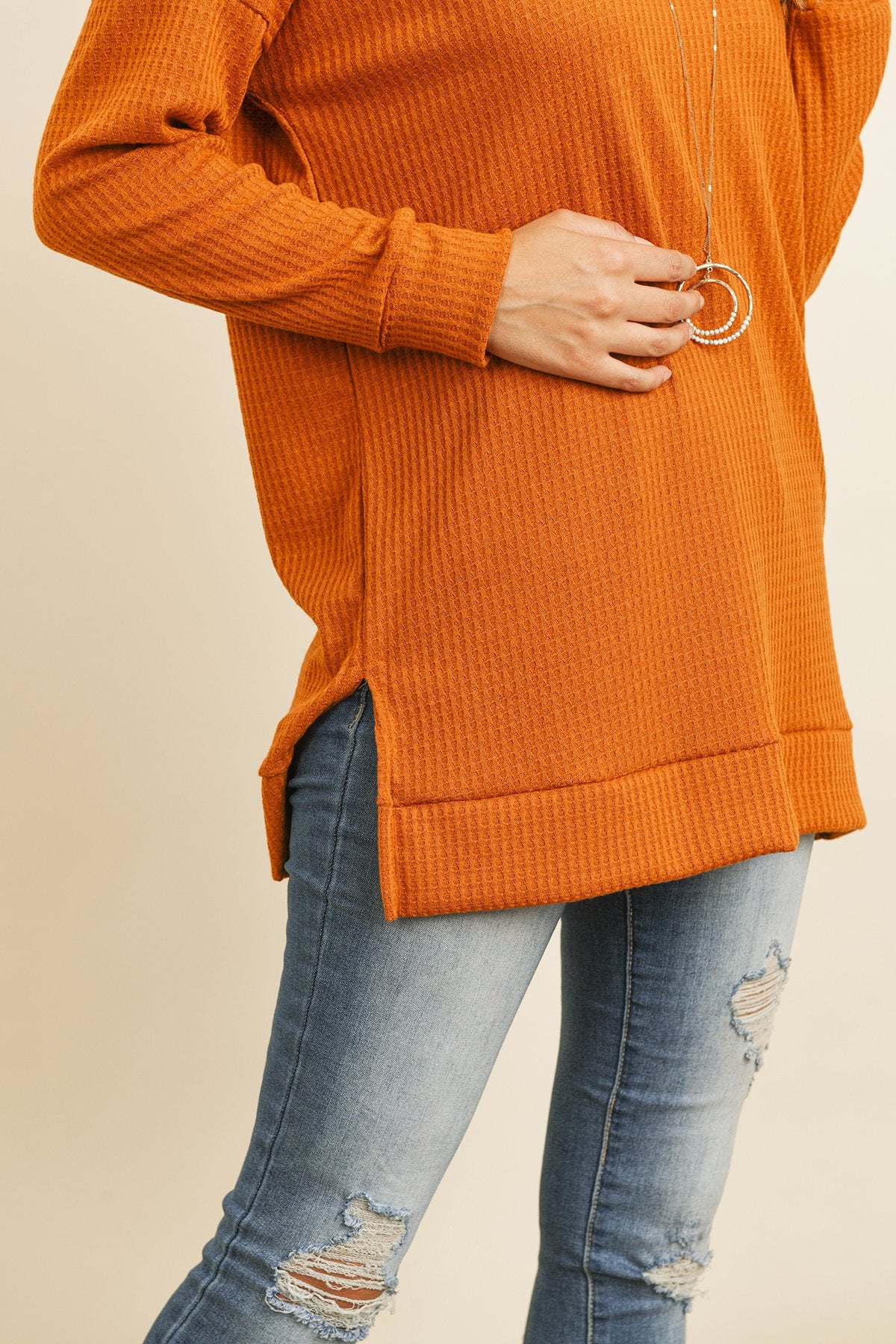 Solid Waffle Round Neck Tunic Top