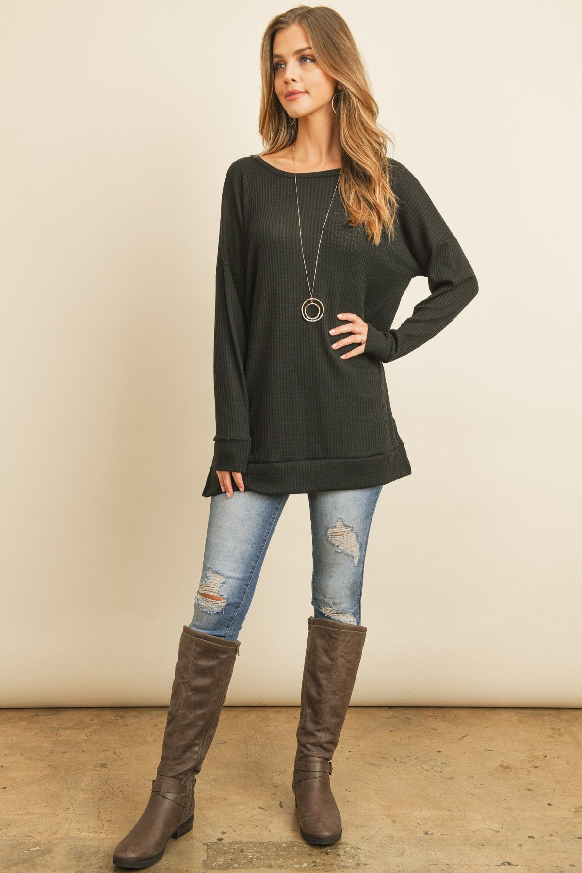 Solid Waffle Round Neck Tunic Top