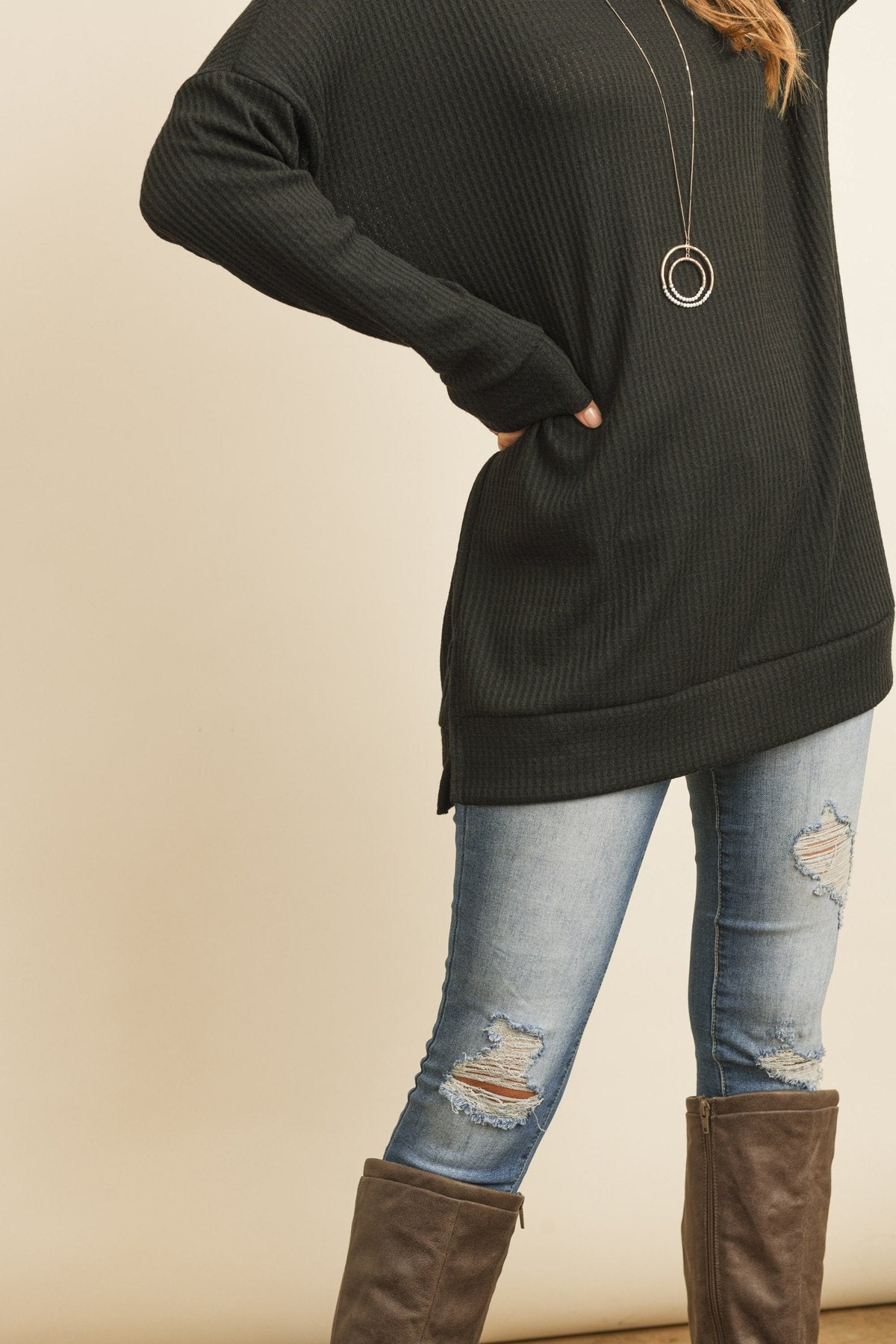 Solid Waffle Round Neck Tunic Top