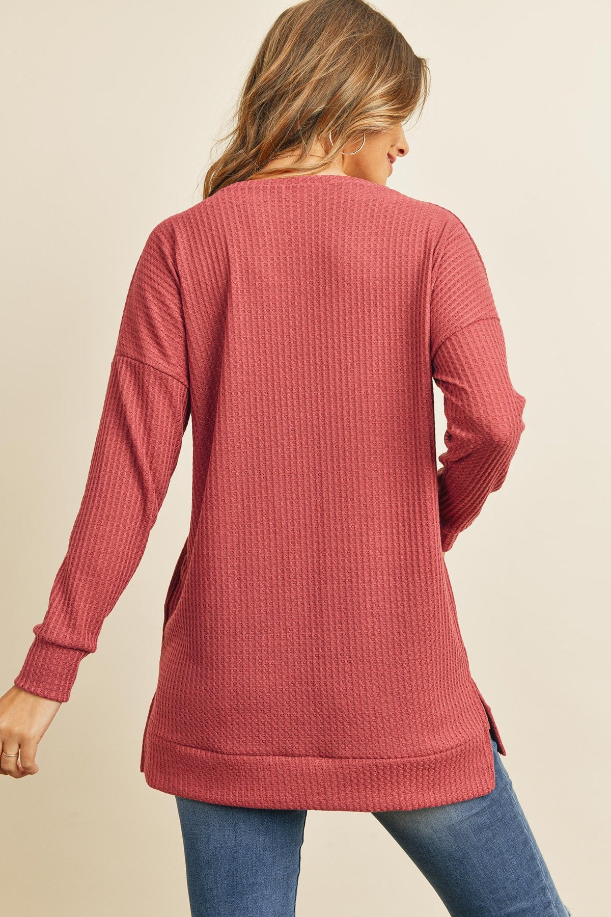 Solid Waffle Round Neck Tunic Top