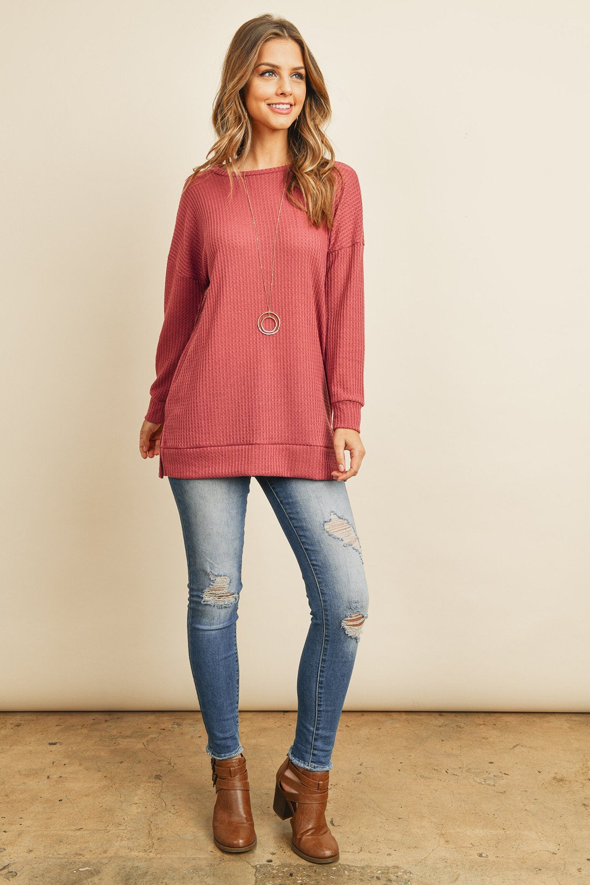 Solid Waffle Round Neck Tunic Top