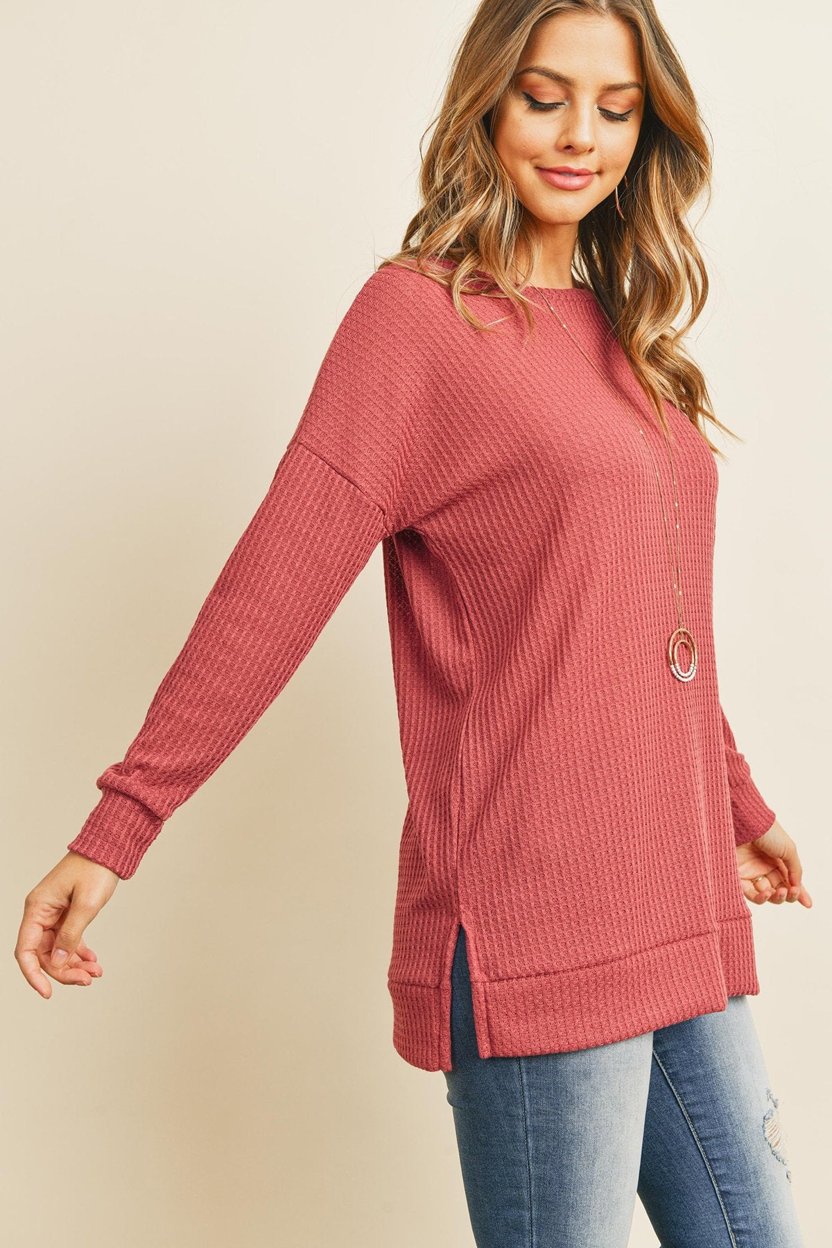 Solid Waffle Round Neck Tunic Top