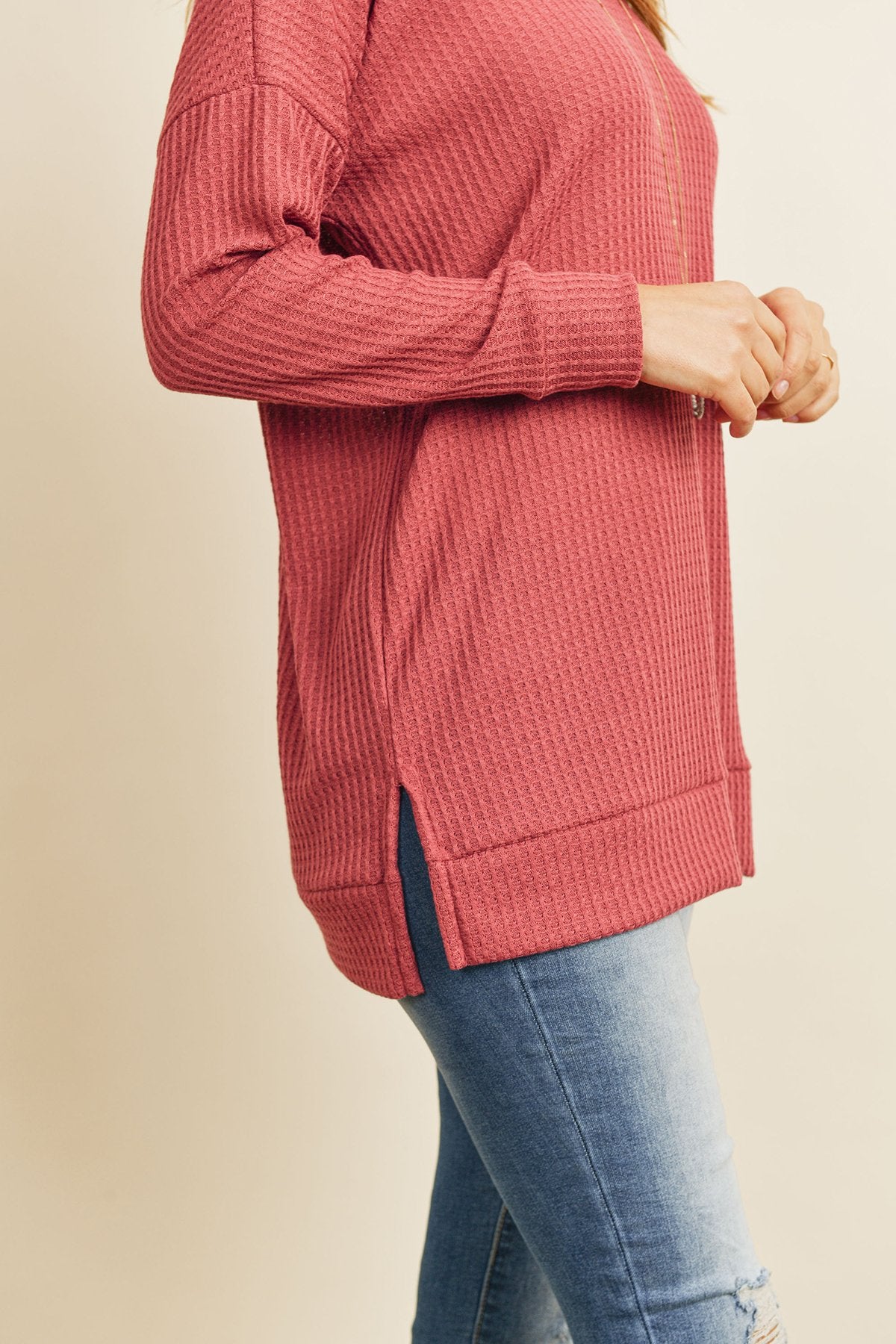 Solid Waffle Round Neck Tunic Top