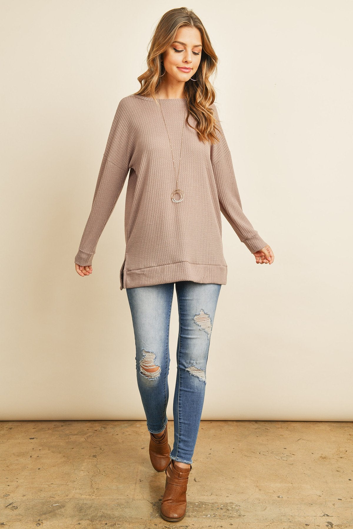 Solid Waffle Round Neck Tunic Top