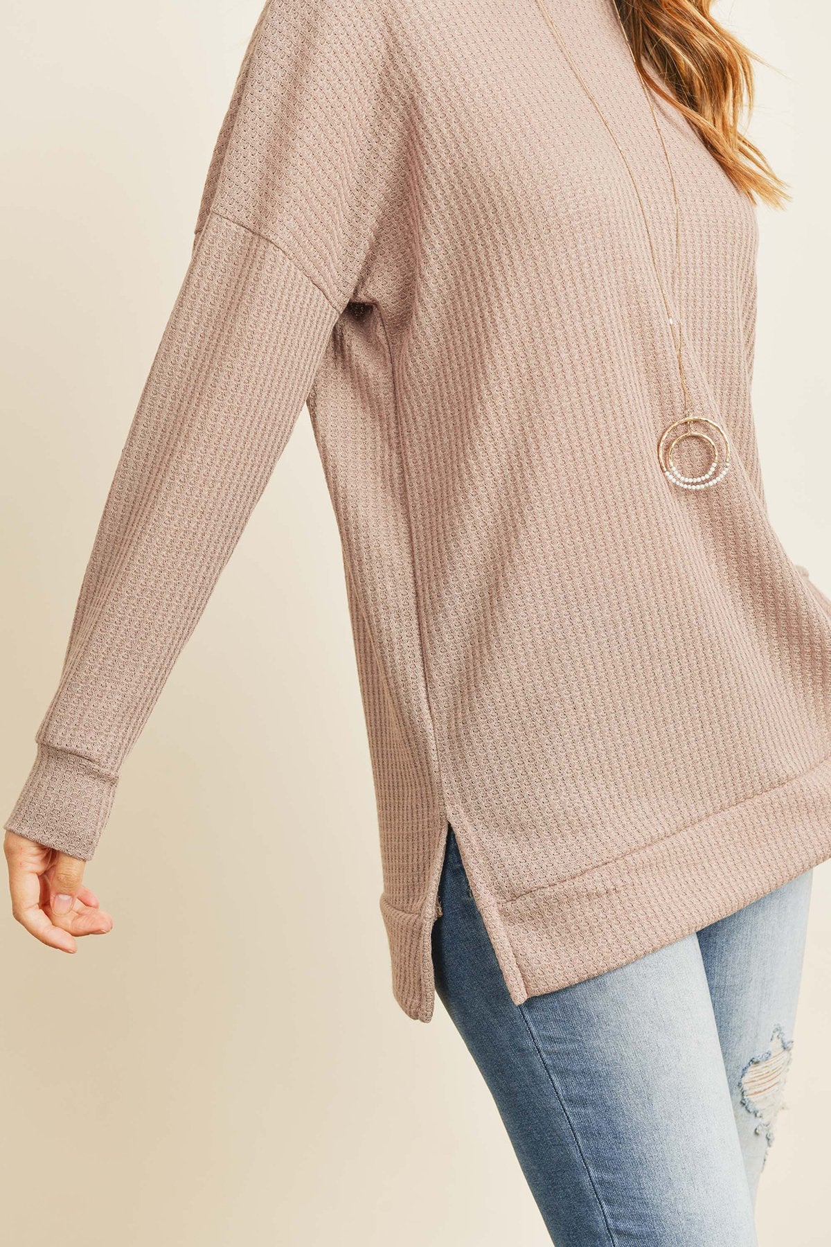 Solid Waffle Round Neck Tunic Top