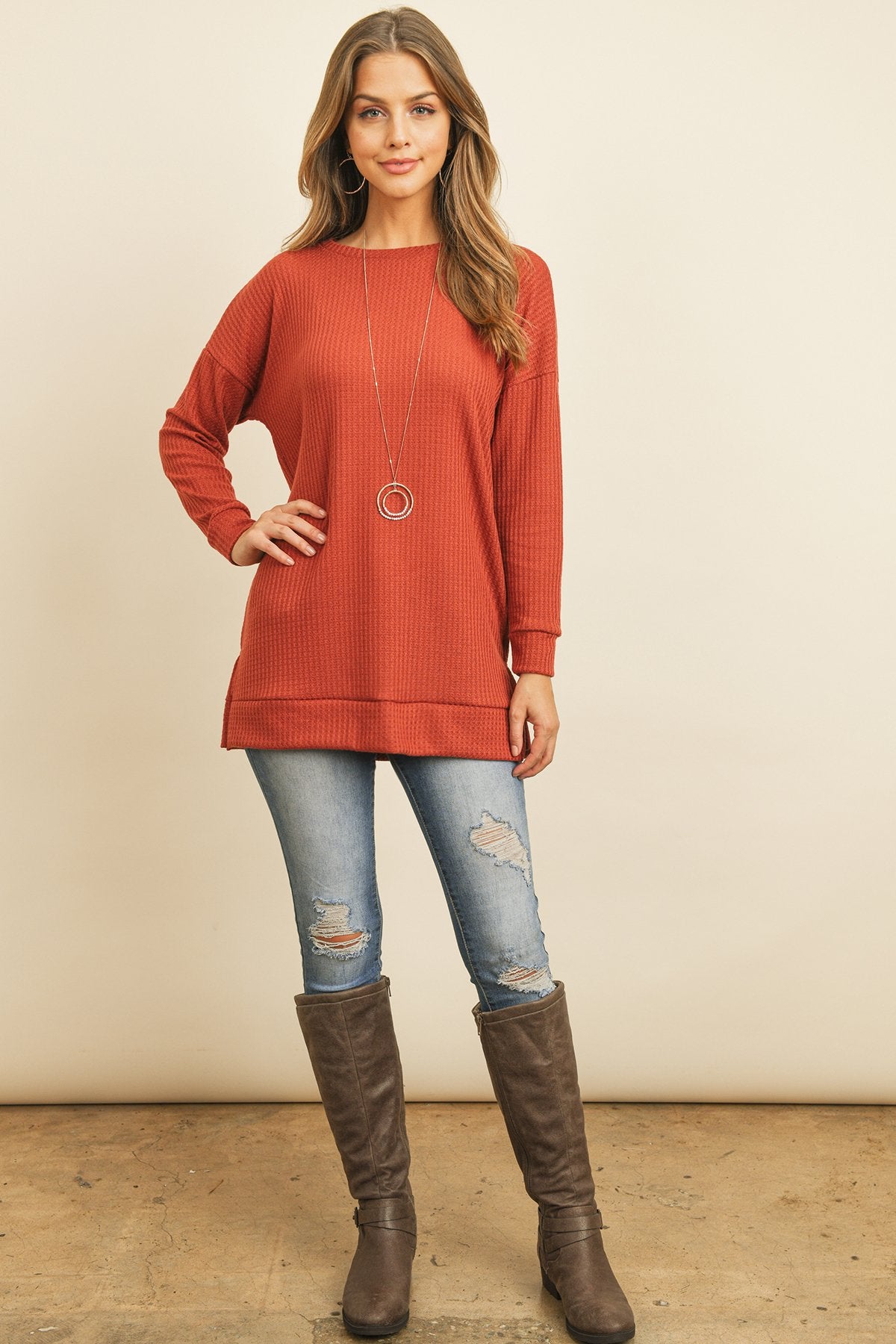 Solid Waffle Round Neck Tunic Top