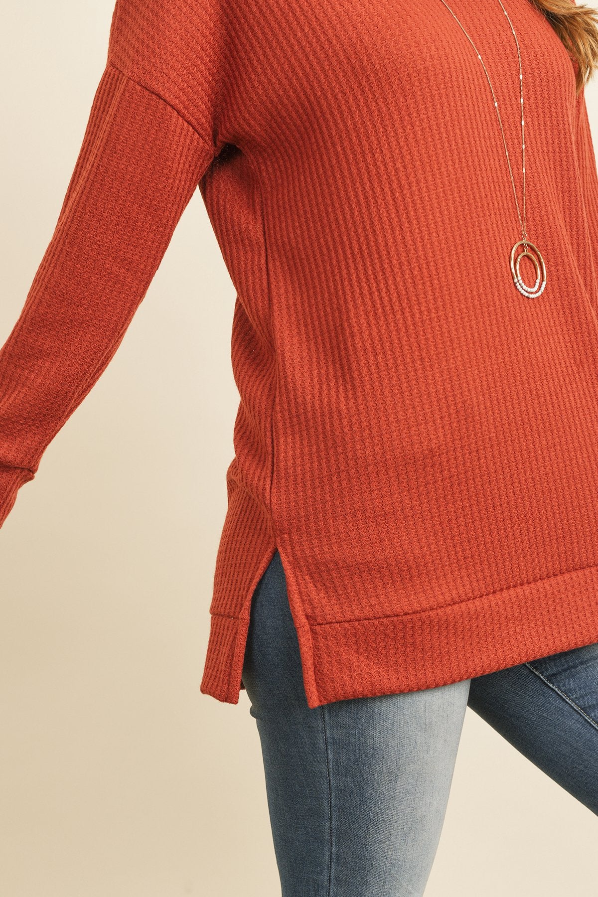 Solid Waffle Round Neck Tunic Top